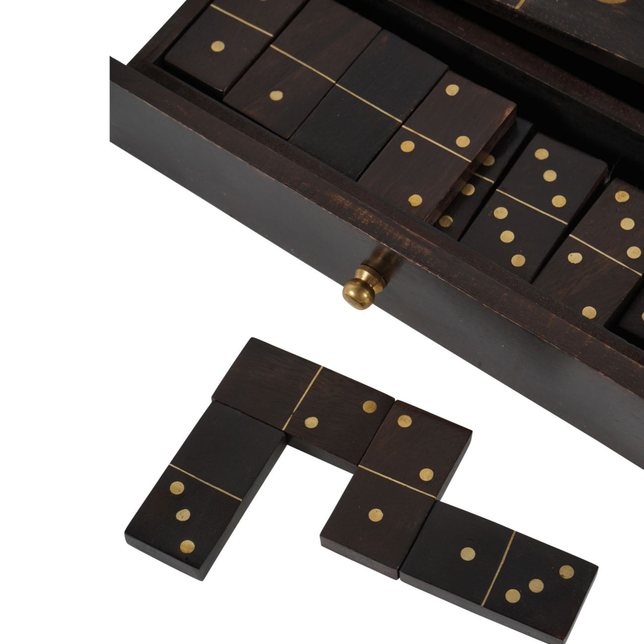 Set of dominoes with a wooden box on a white background