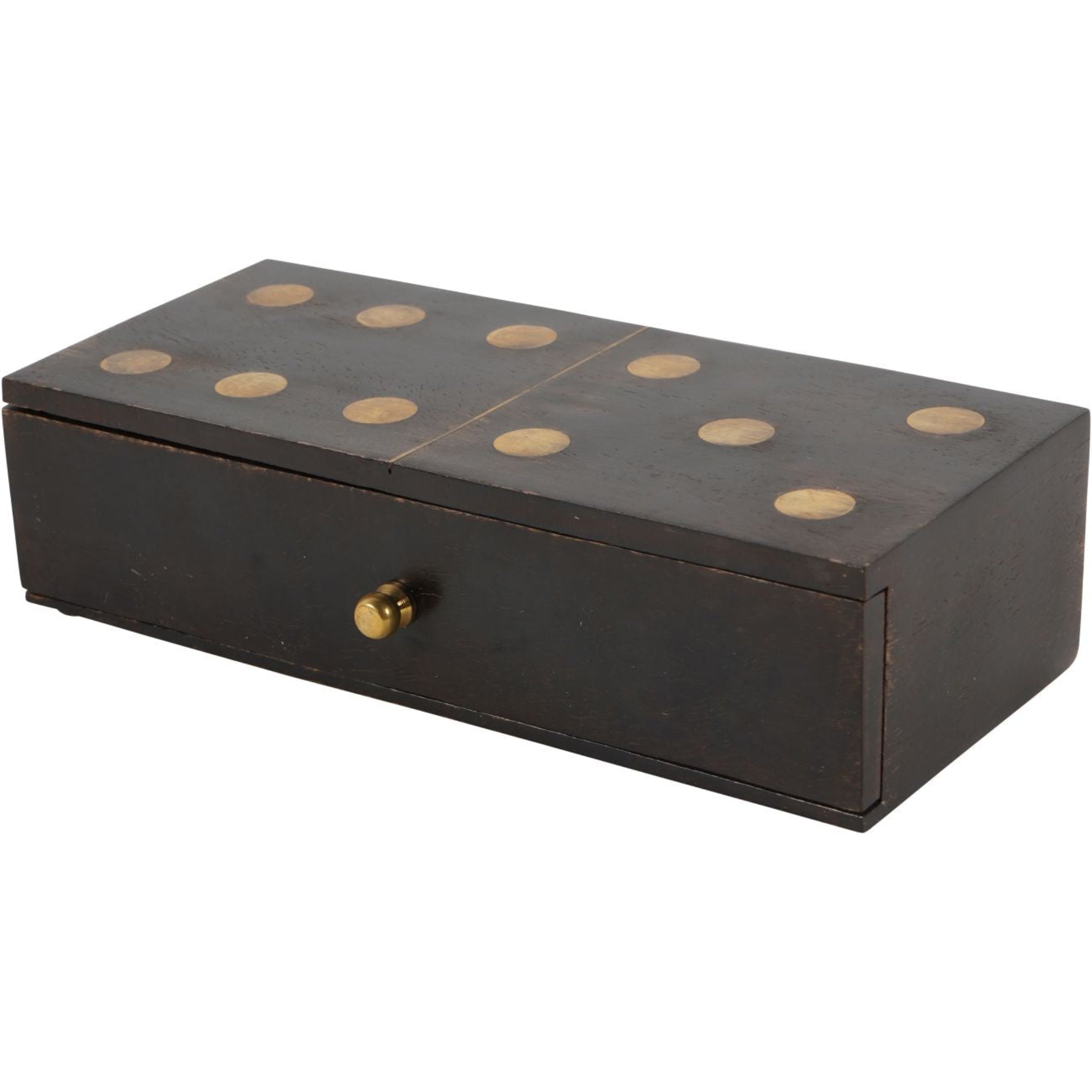 Black wooden box with gold polka dots and a gold knob on a white background