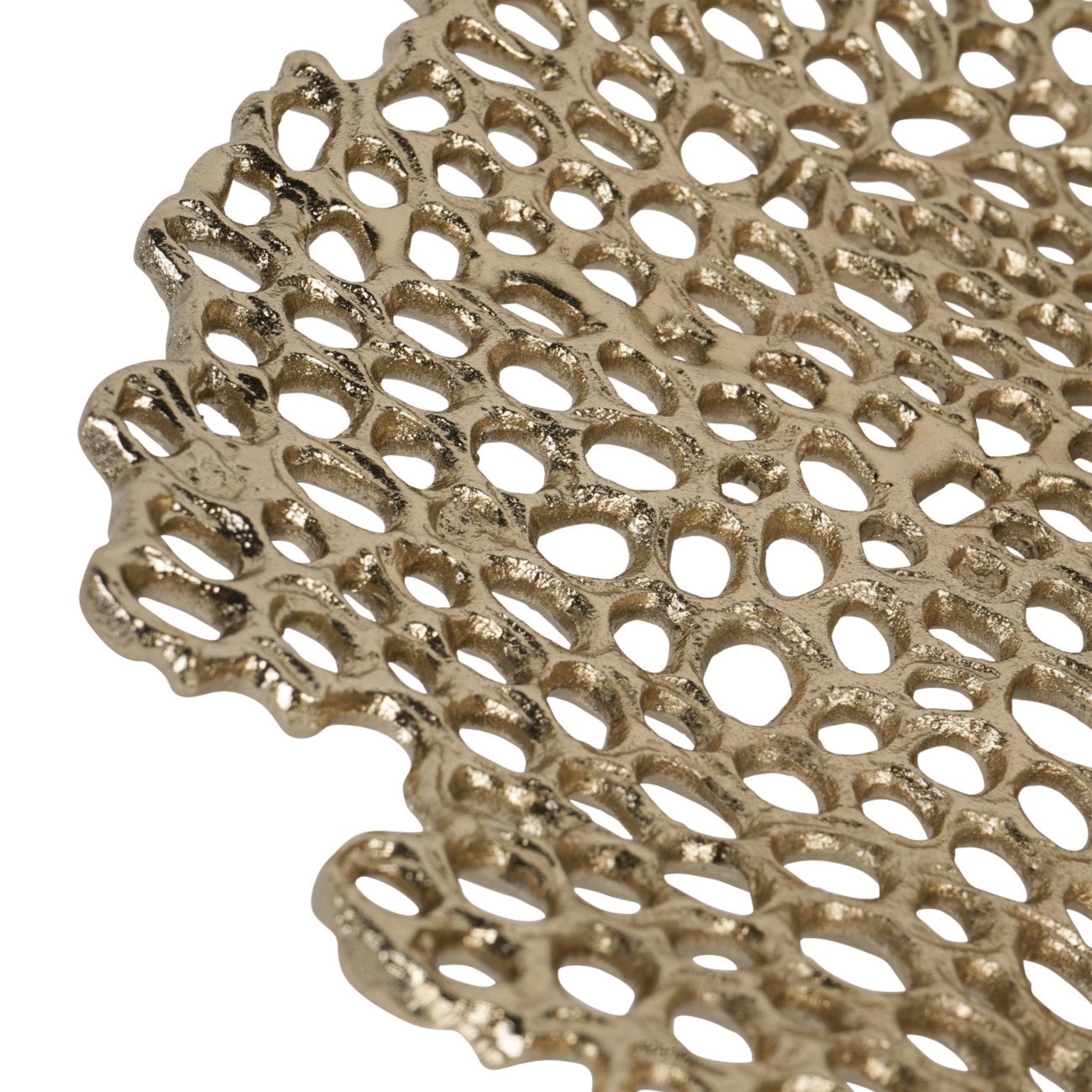 Close-up of a metallic, honeycomb-like material on a white background