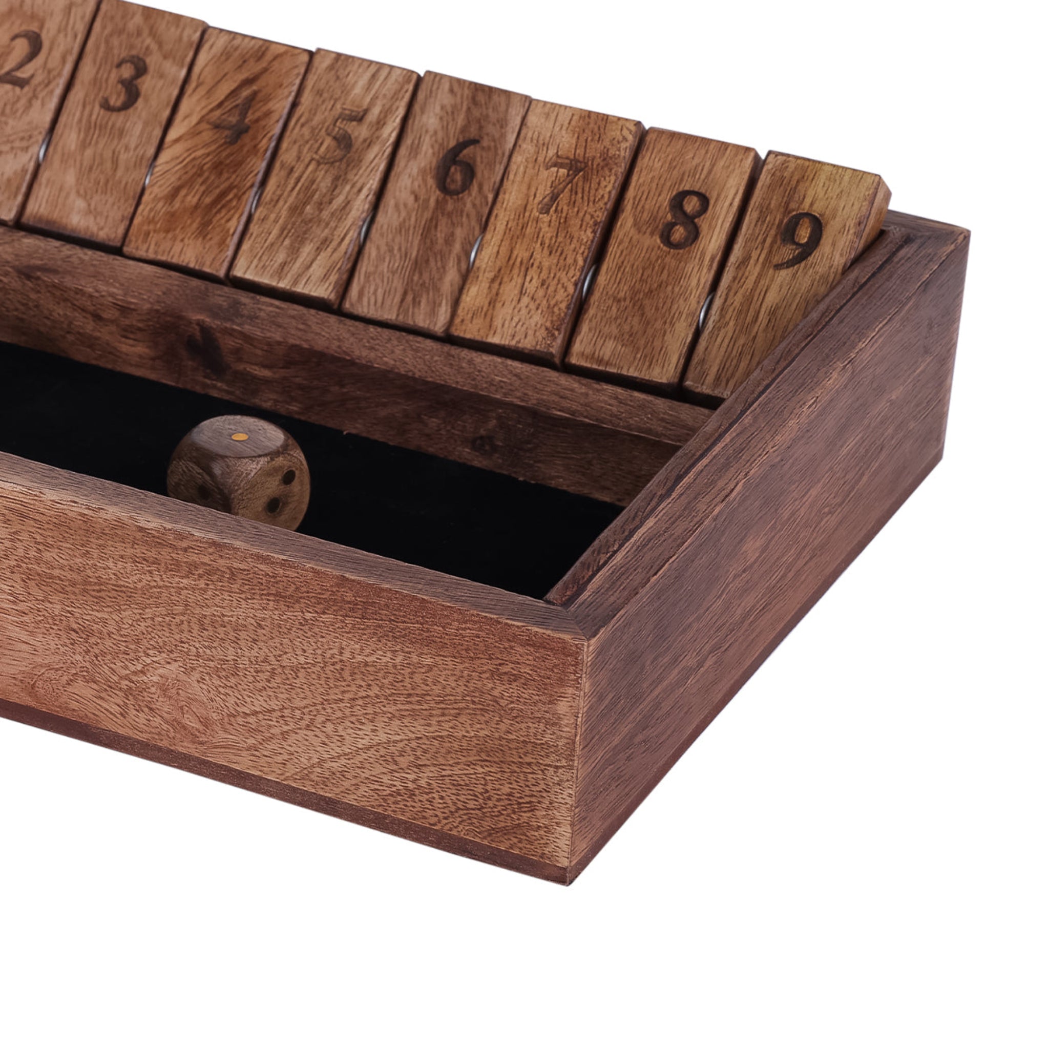 Wooden dice box with numbered compartments on a white background