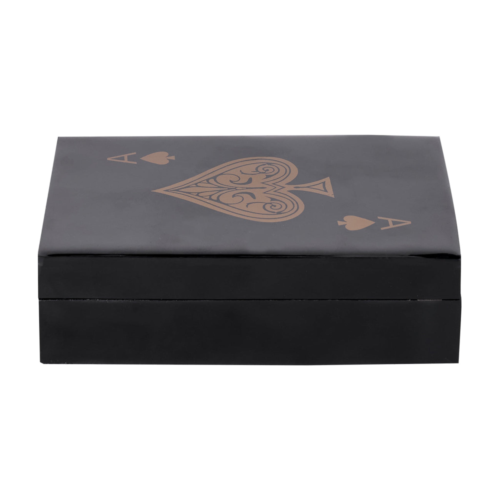 Black box with playing card design on a white background