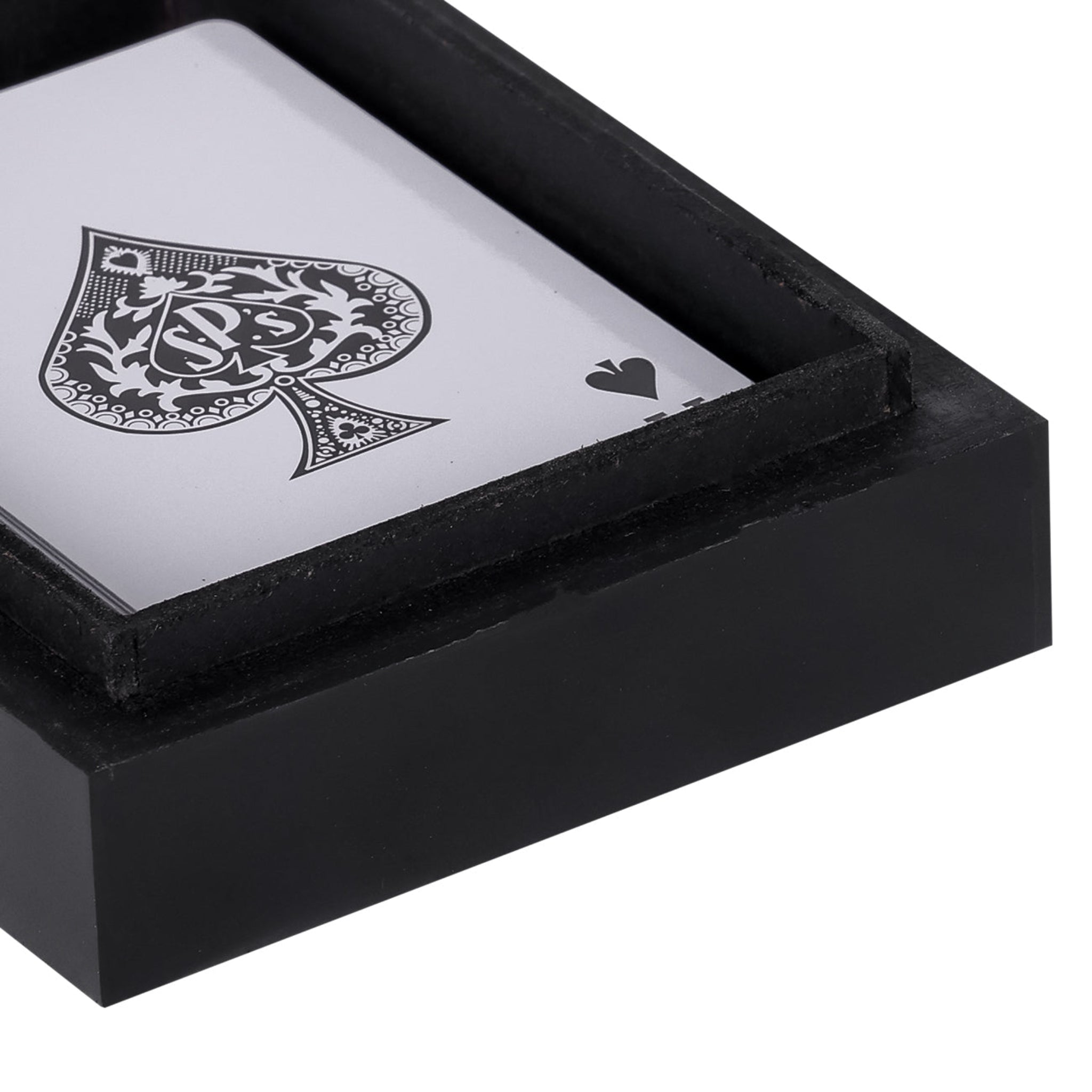 Playing card with a black spade symbol on a white background, inside a black box.