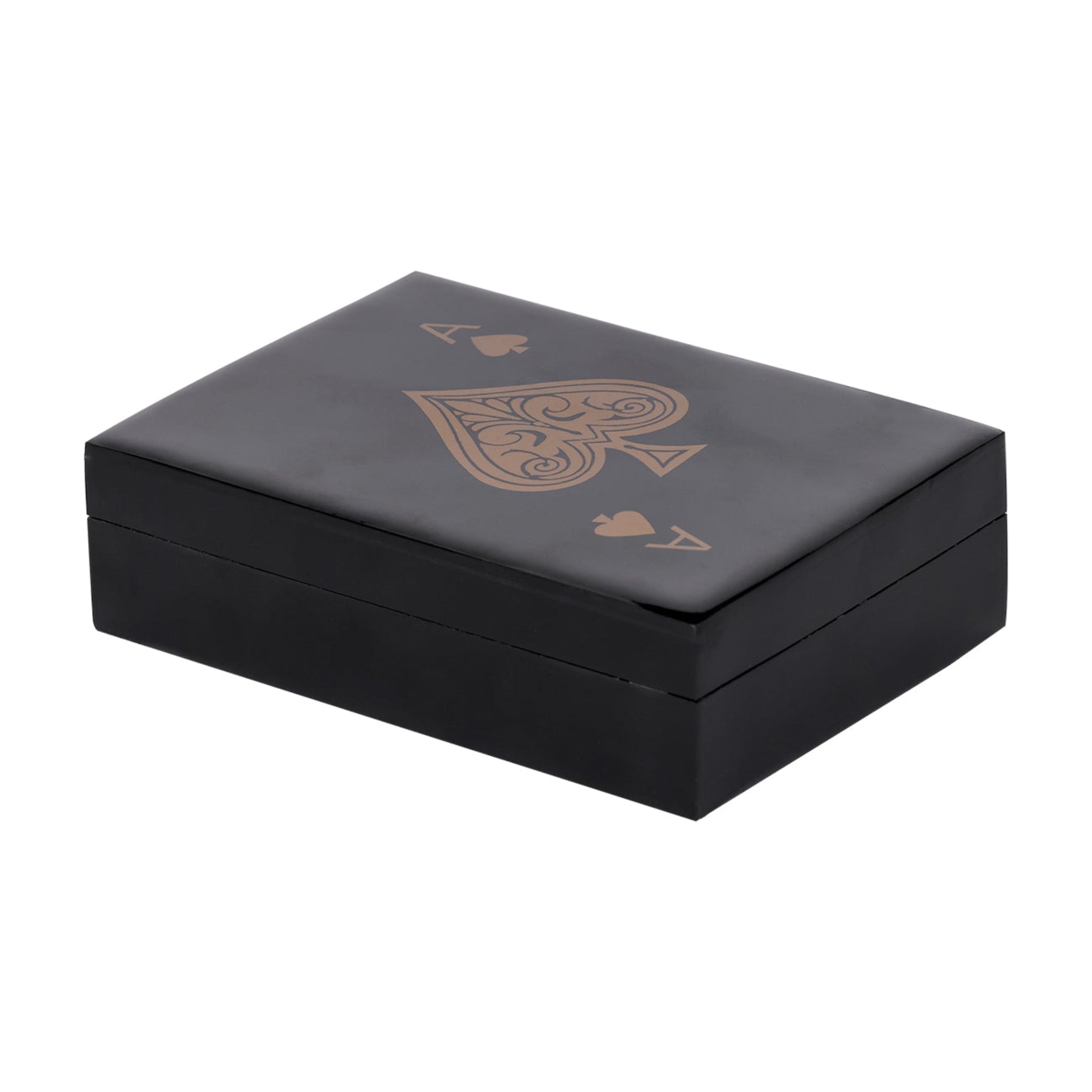 Black playing card box with an Ace of Spades design on a white background