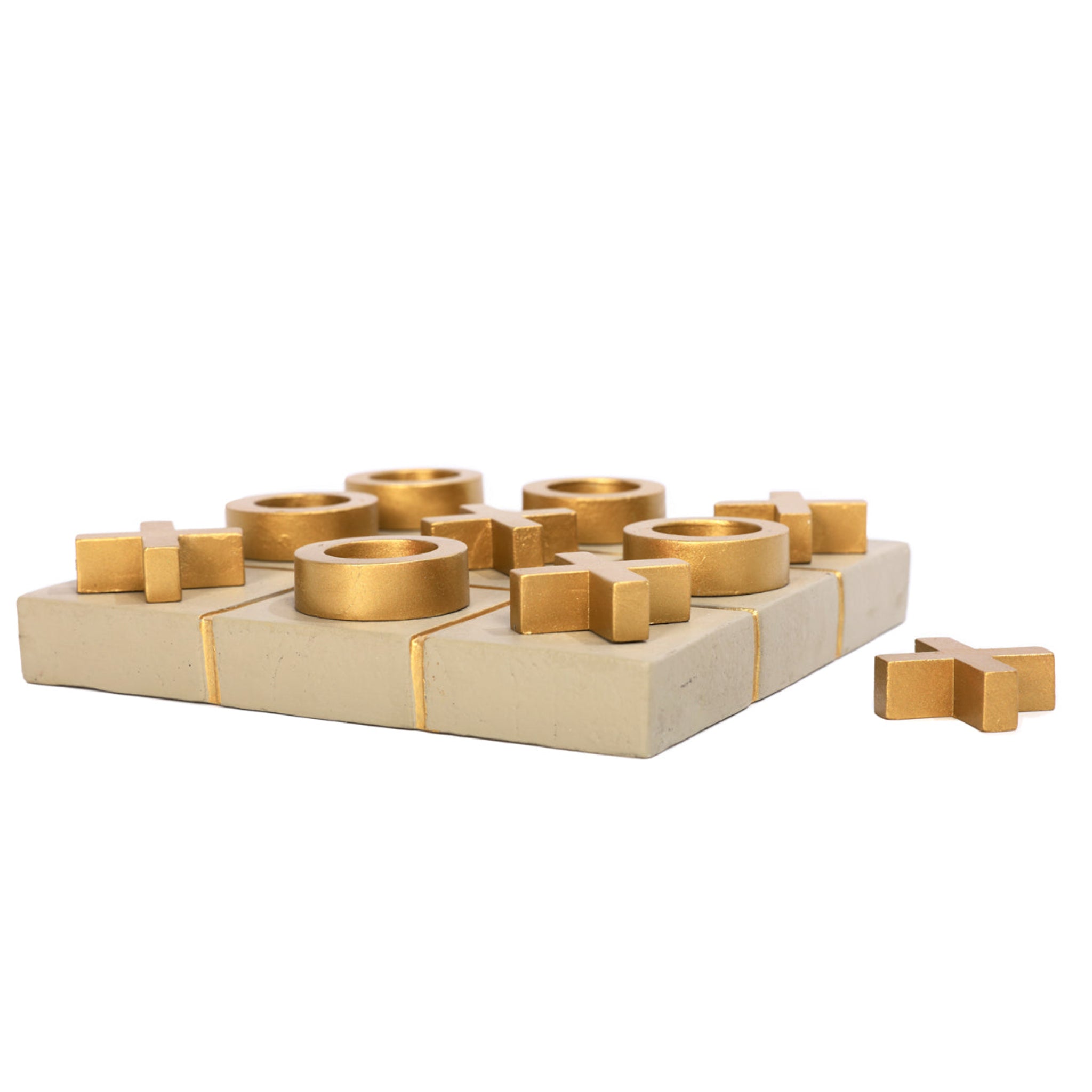 Wooden puzzle with gold accents on a white background