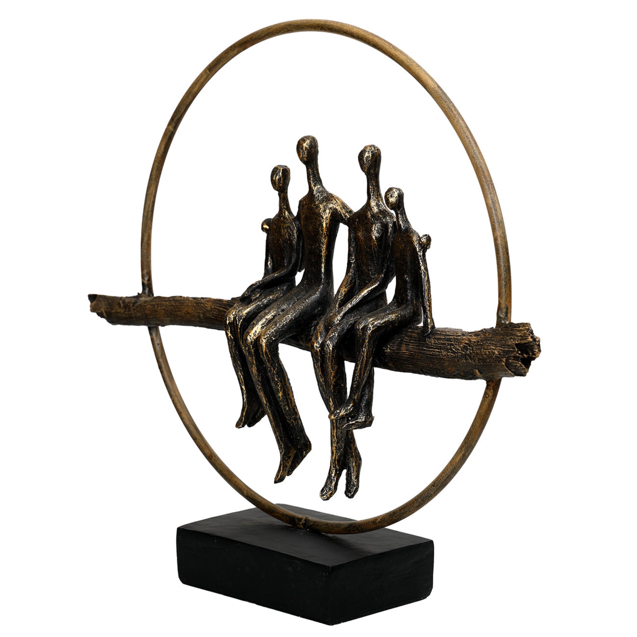 Bronze sculpture of four figures sitting on a log with a circular metal frame on a white background