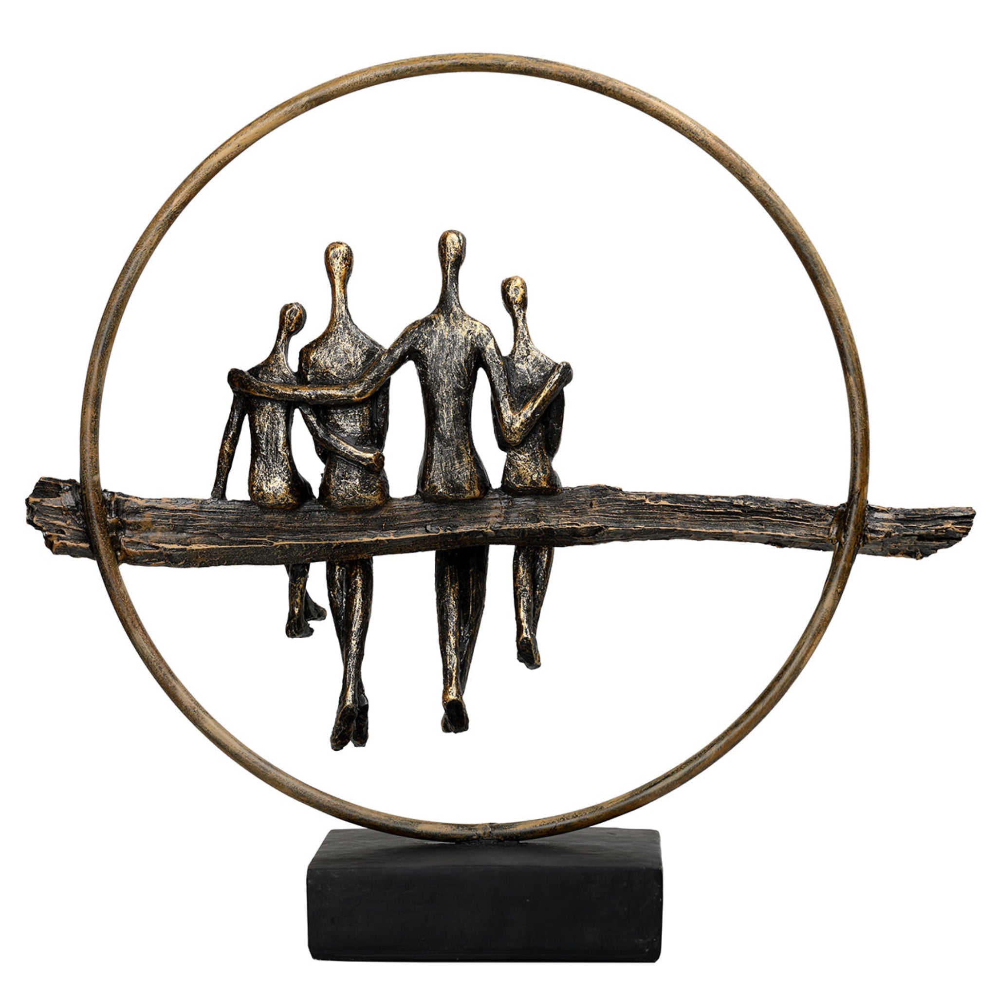 Bronze sculpture of four figures on a log with a circular frame, on a white background