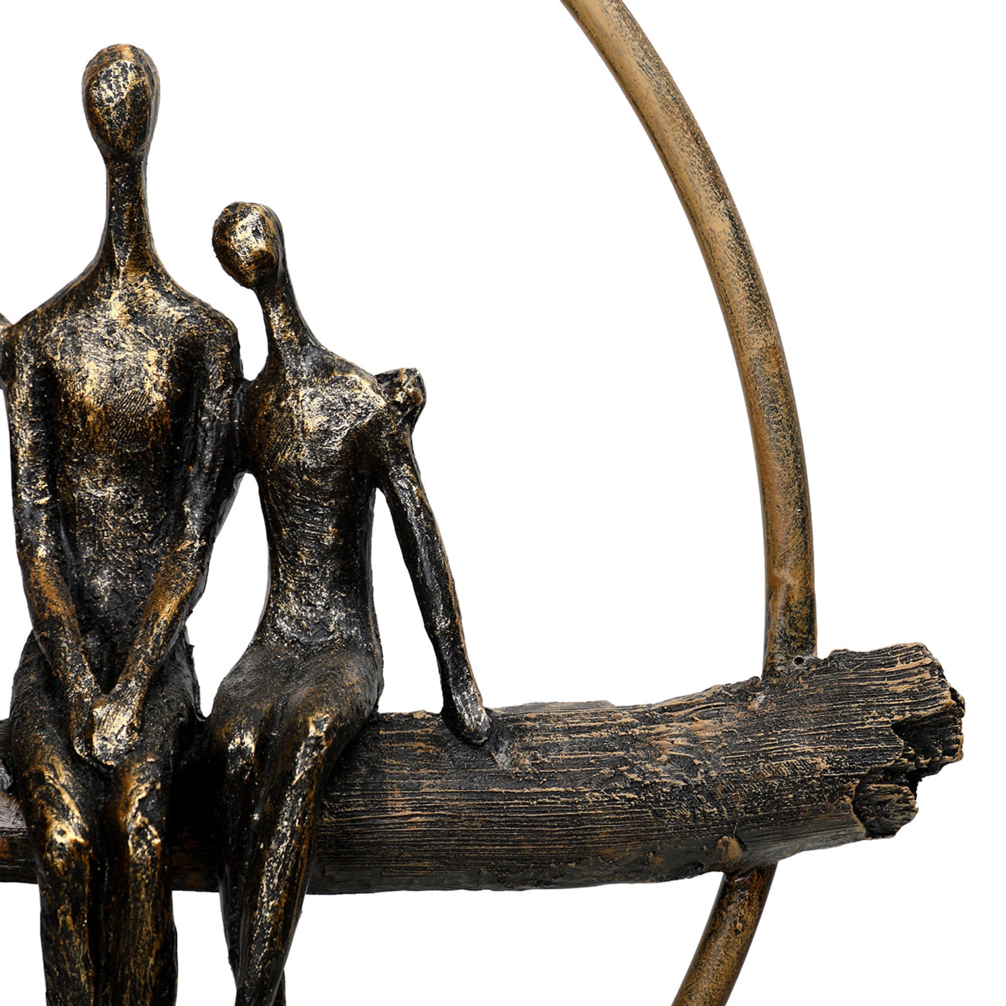 Bronze sculpture of two figures sitting on a log with a bow and arrow.