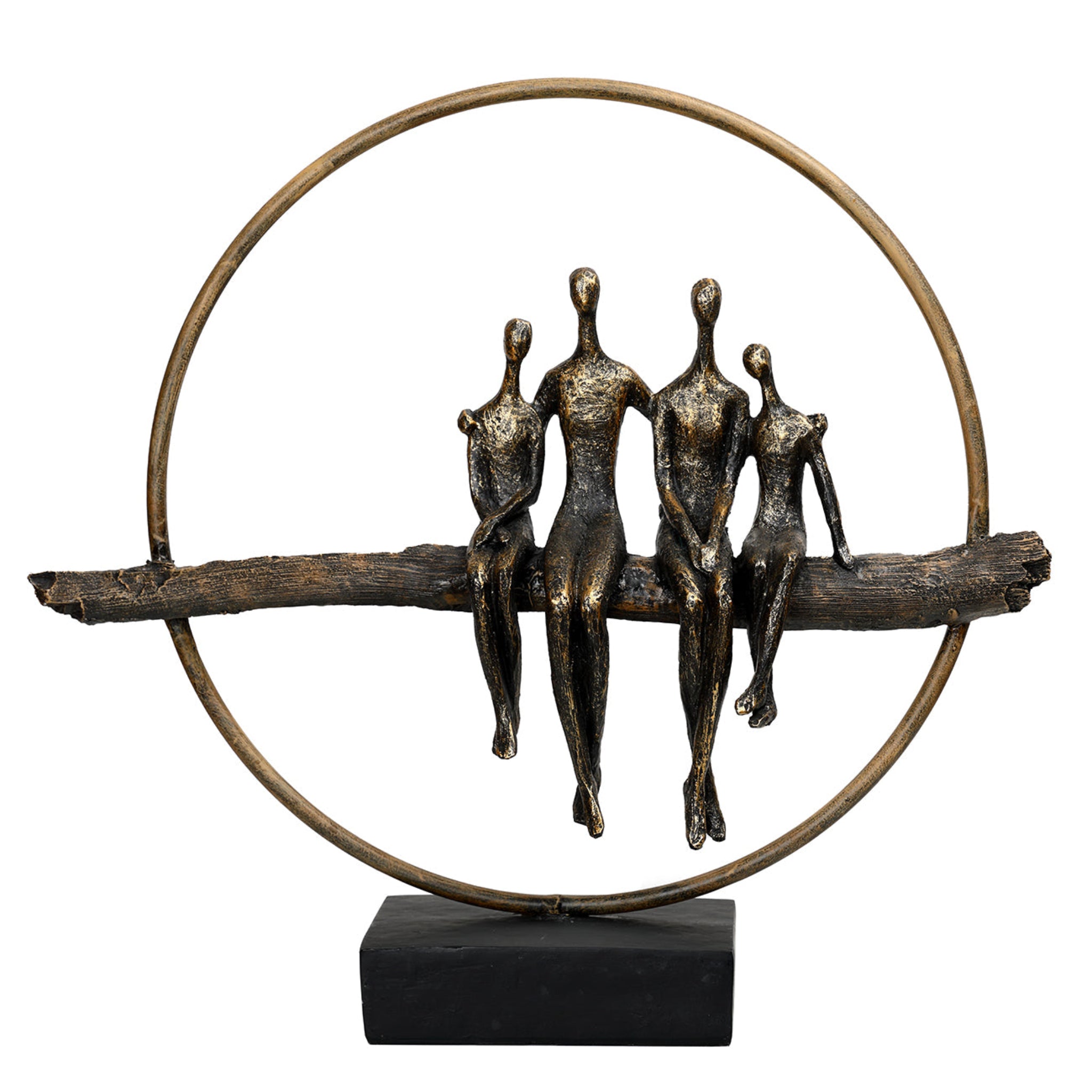 Bronze sculpture of four figures sitting on a branch with a circular frame