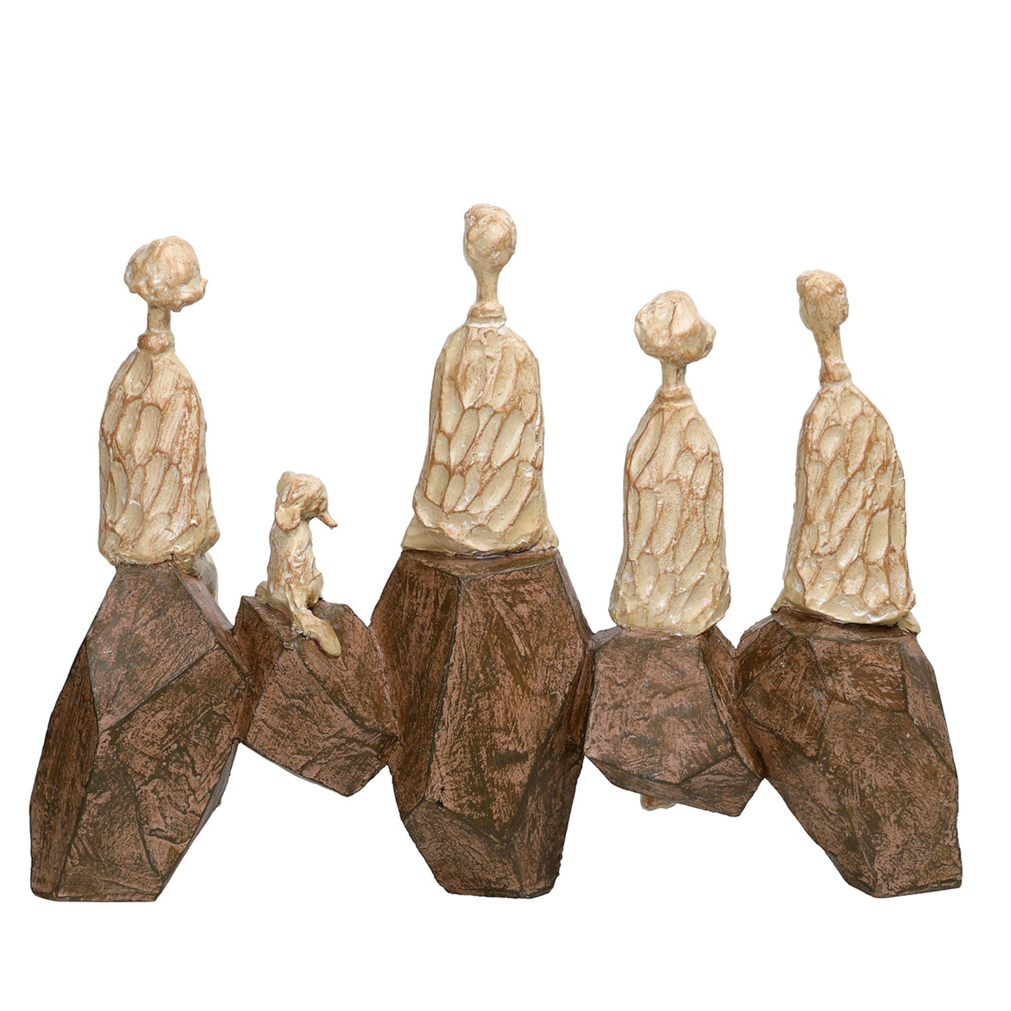 Decorative sculpture with four standing figures and a smaller seated figure on a white background