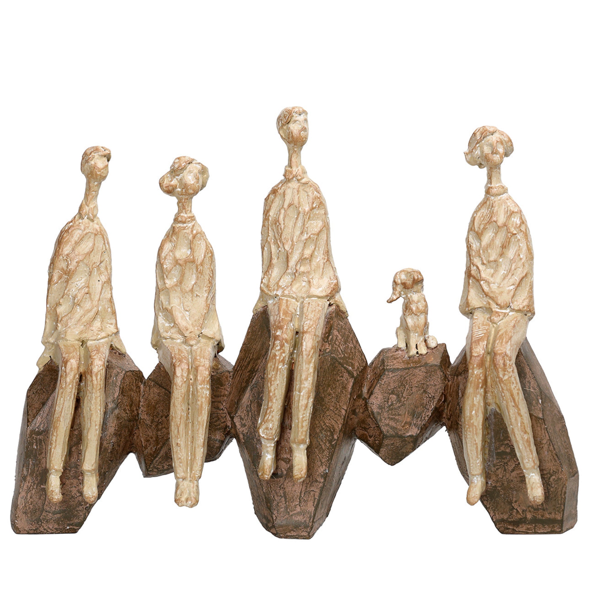 Decorative sculpture of five standing figures and a dog on a rocky base
