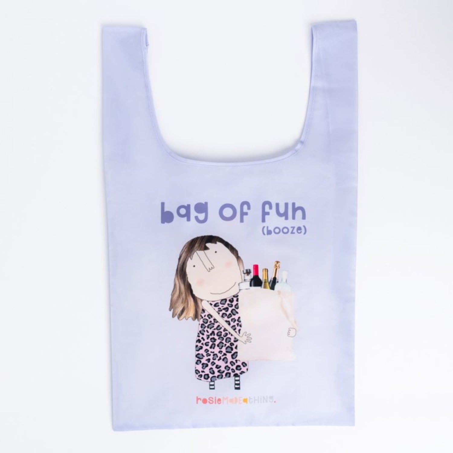 Reusable shopping bag with a design of a person holding drinks and text &