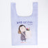 Reusable shopping bag with a design of a person holding drinks and text &