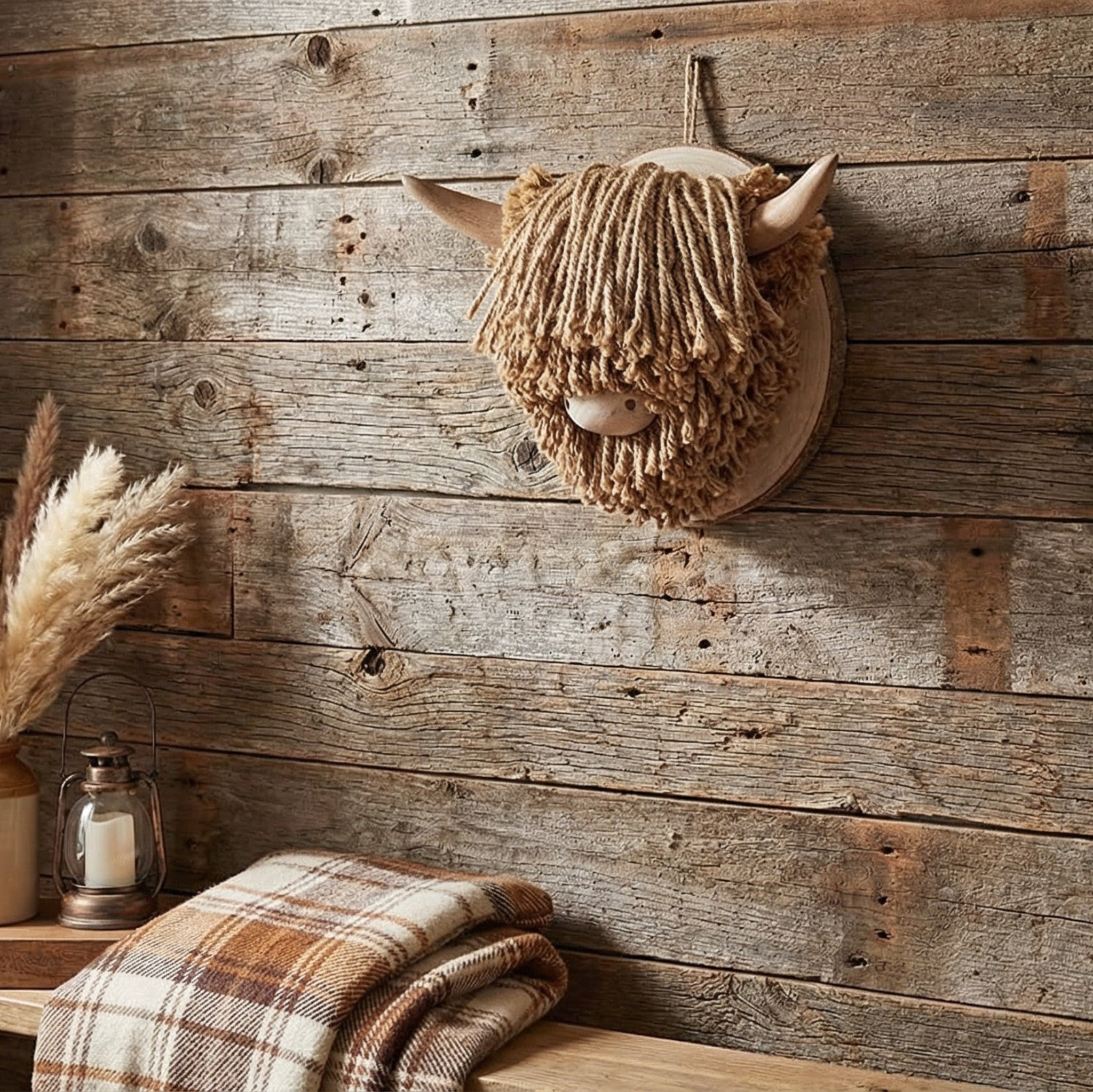 Rustic interior with wooden wall, decorative animal head, and plaid blanket.