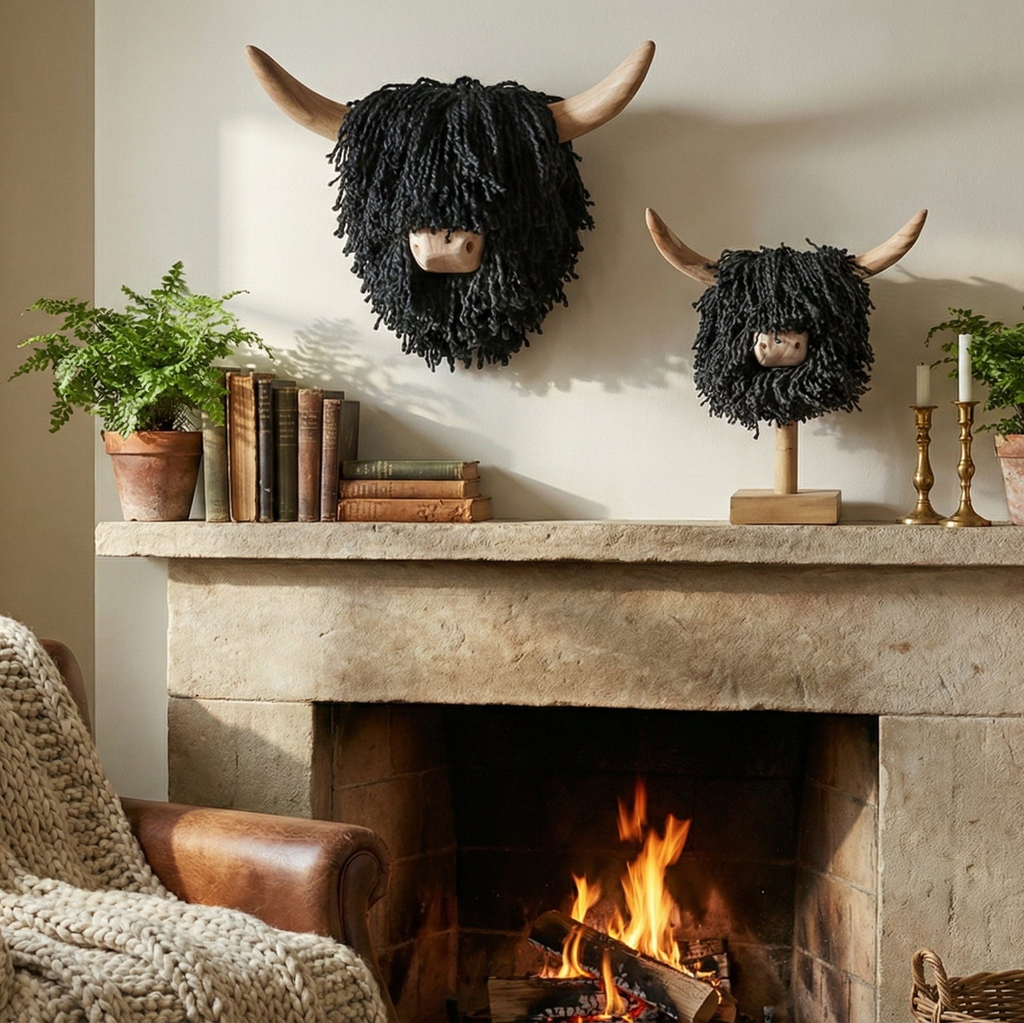 Cozy living room with fireplace, armchair, and decorative items.