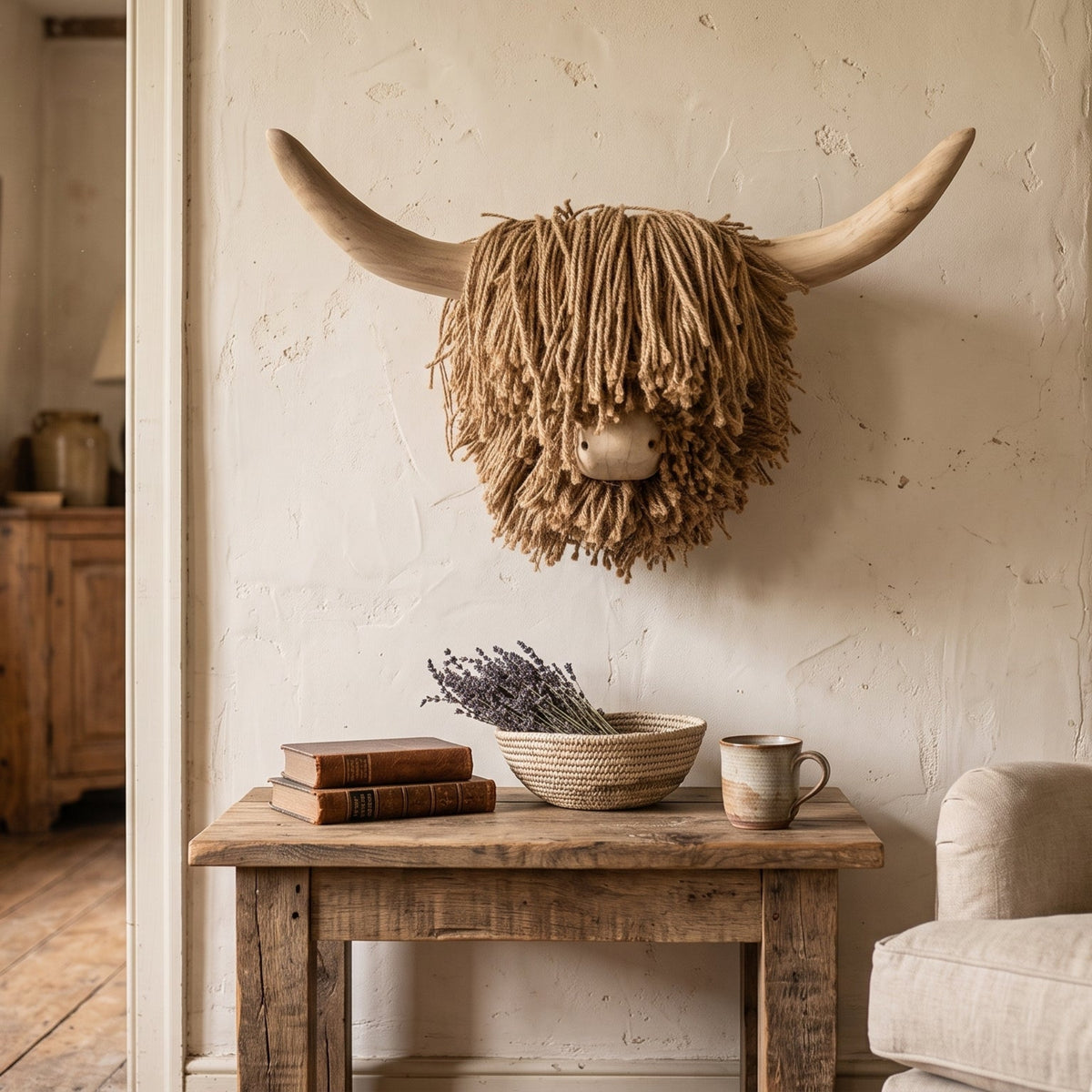 A rustic Highland cow skull wall hanging with long curved horns and shaggy straw hair, mounted on a textured white wall in a cozy, sunlit room with a wooden table and armchair.