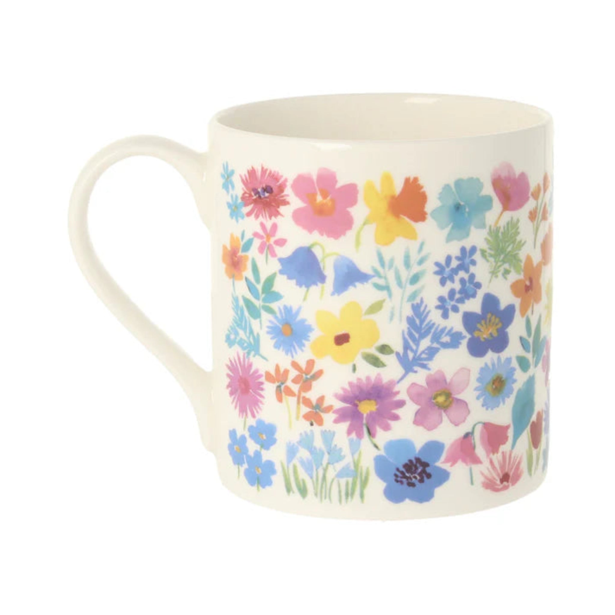 Mug with colorful floral pattern on a white background
