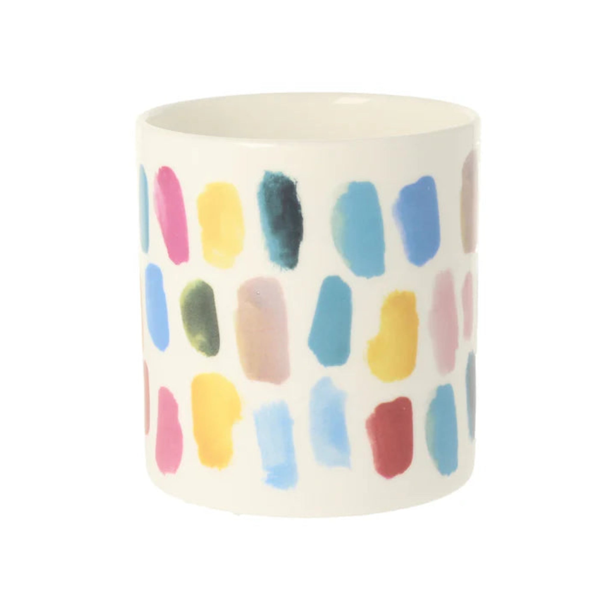 Ceramic mug with colorful abstract patterns on a white background