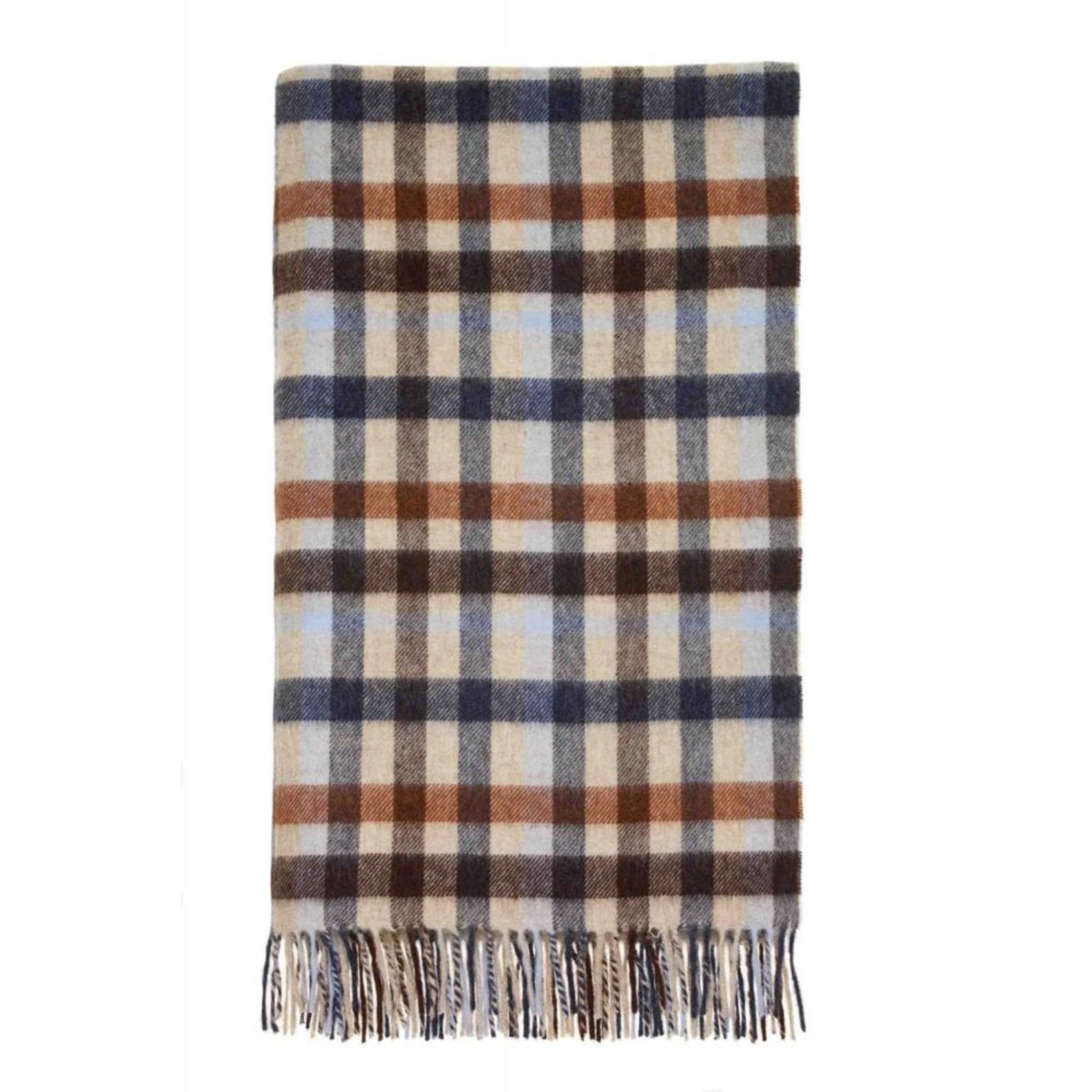 A rectangular plaid scarf with fringed ends, featuring intersecting stripes of navy blue, brown, tan, and light blue on a cream base, shown flat against a white background.