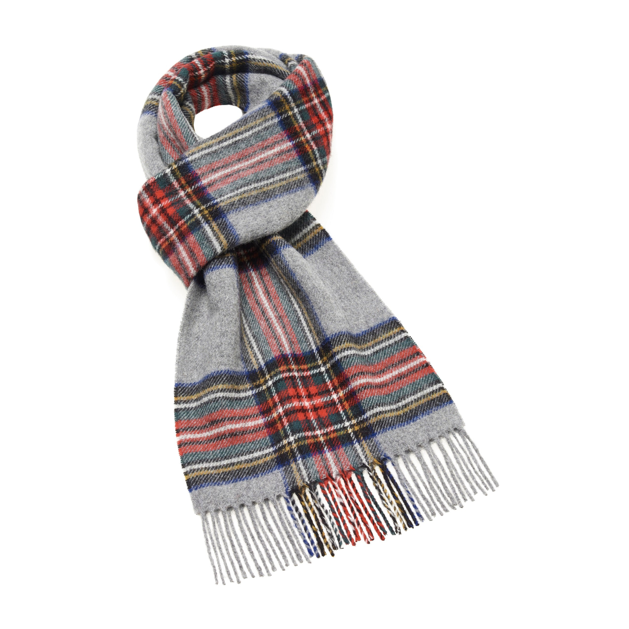 a grey scarf with red and blue stripes