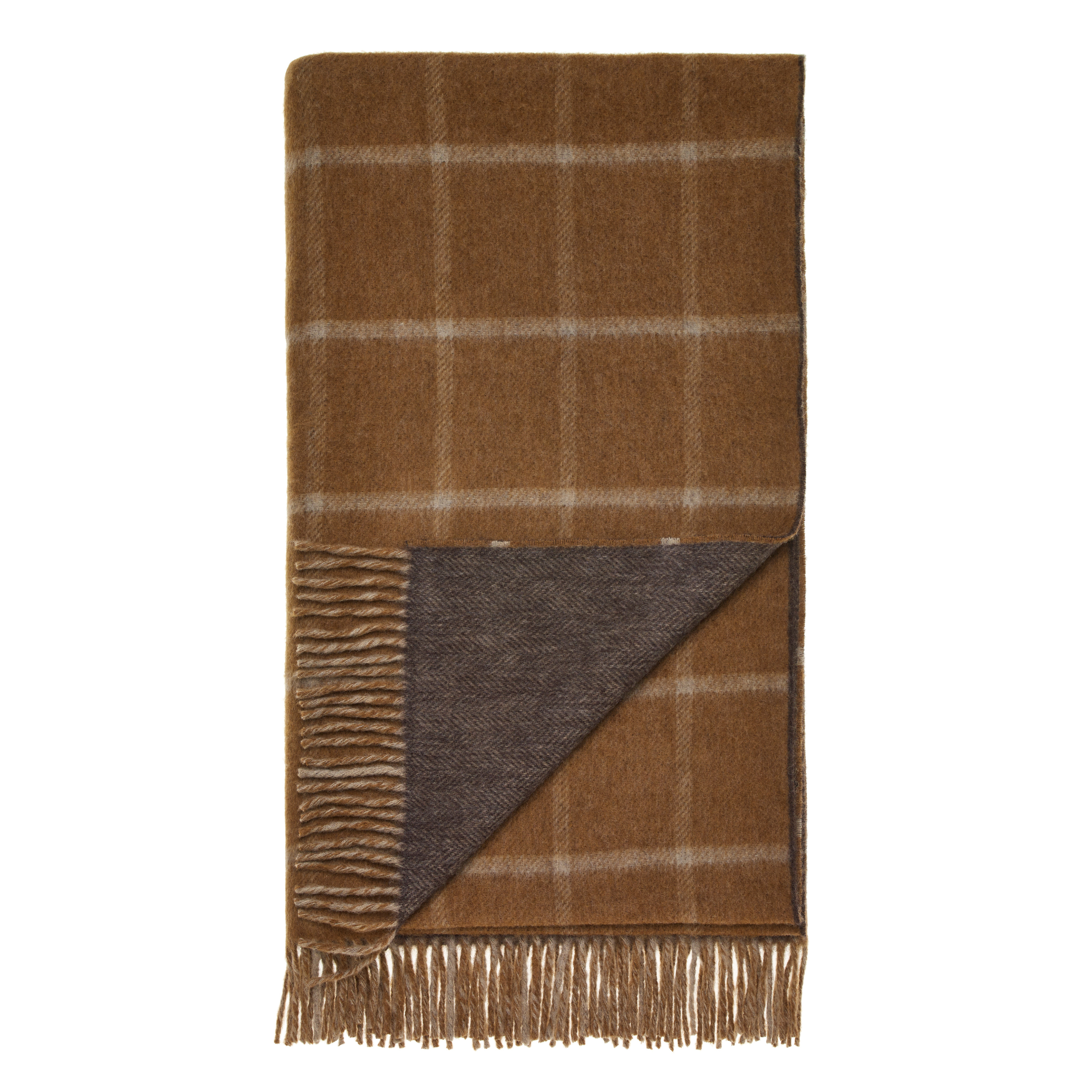 Brown plaid blanket with fringes on a white background