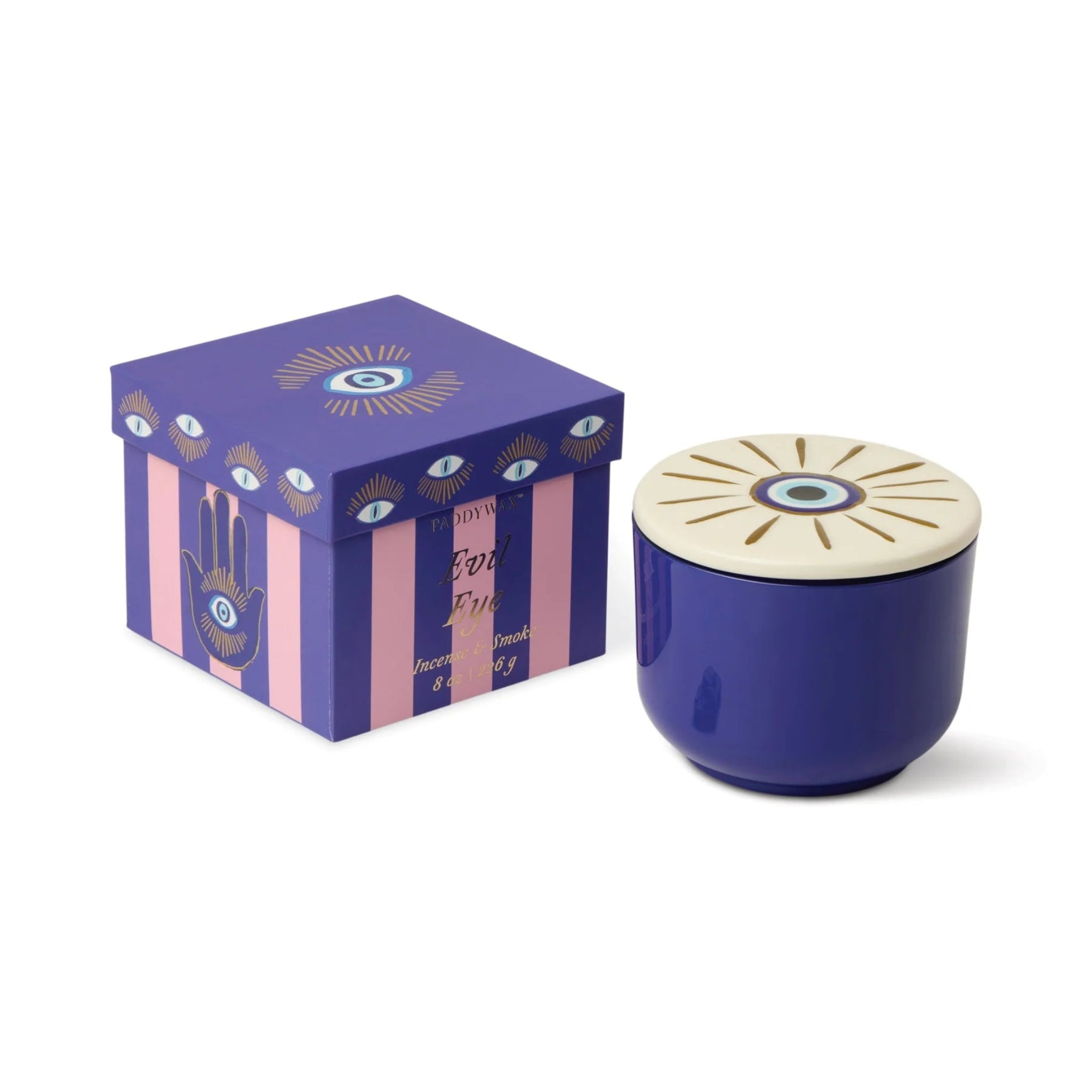 Blue ceramic jar with decorative lid and matching box on a white background