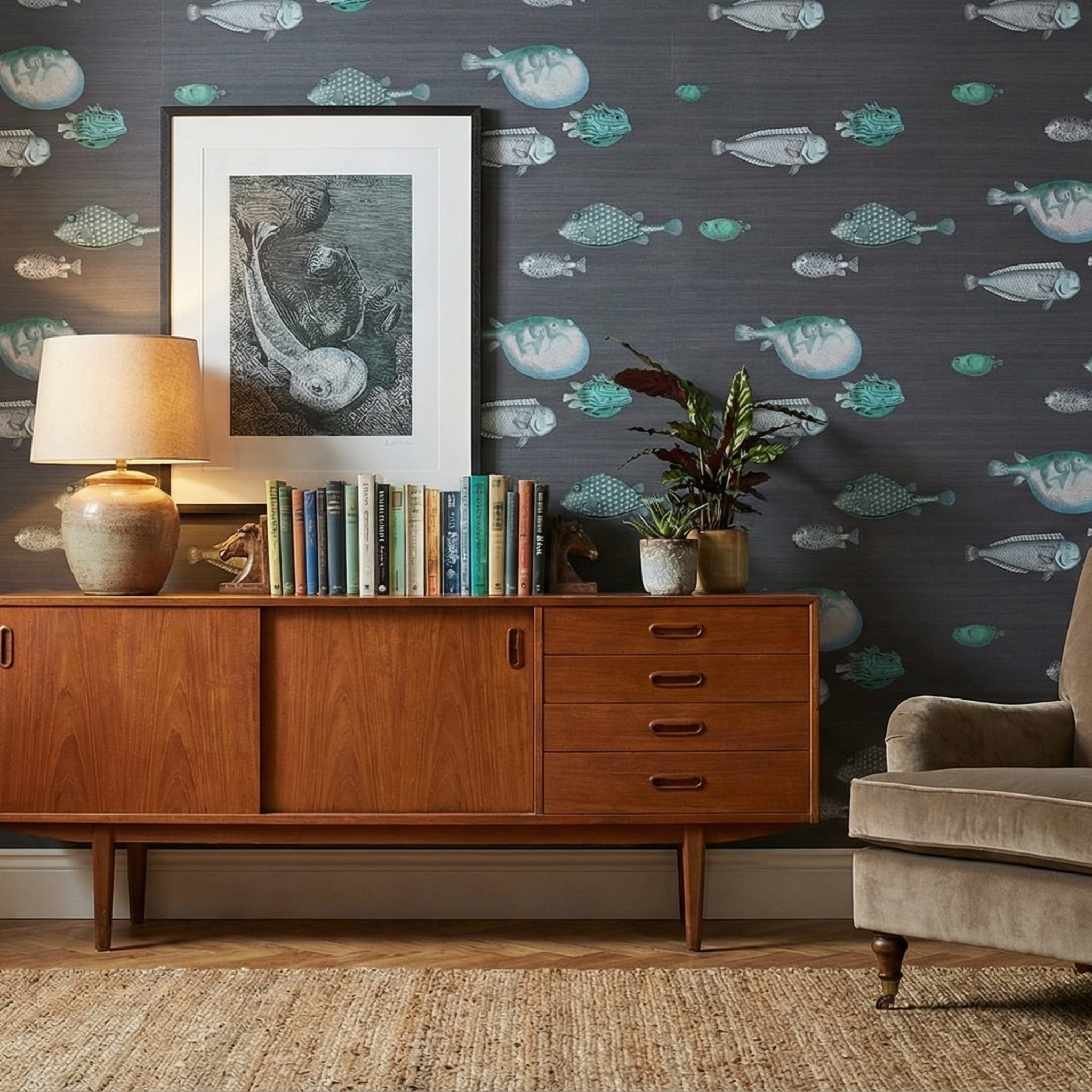 Living room with wooden sideboard, armchair, and fish-patterned wallpaper