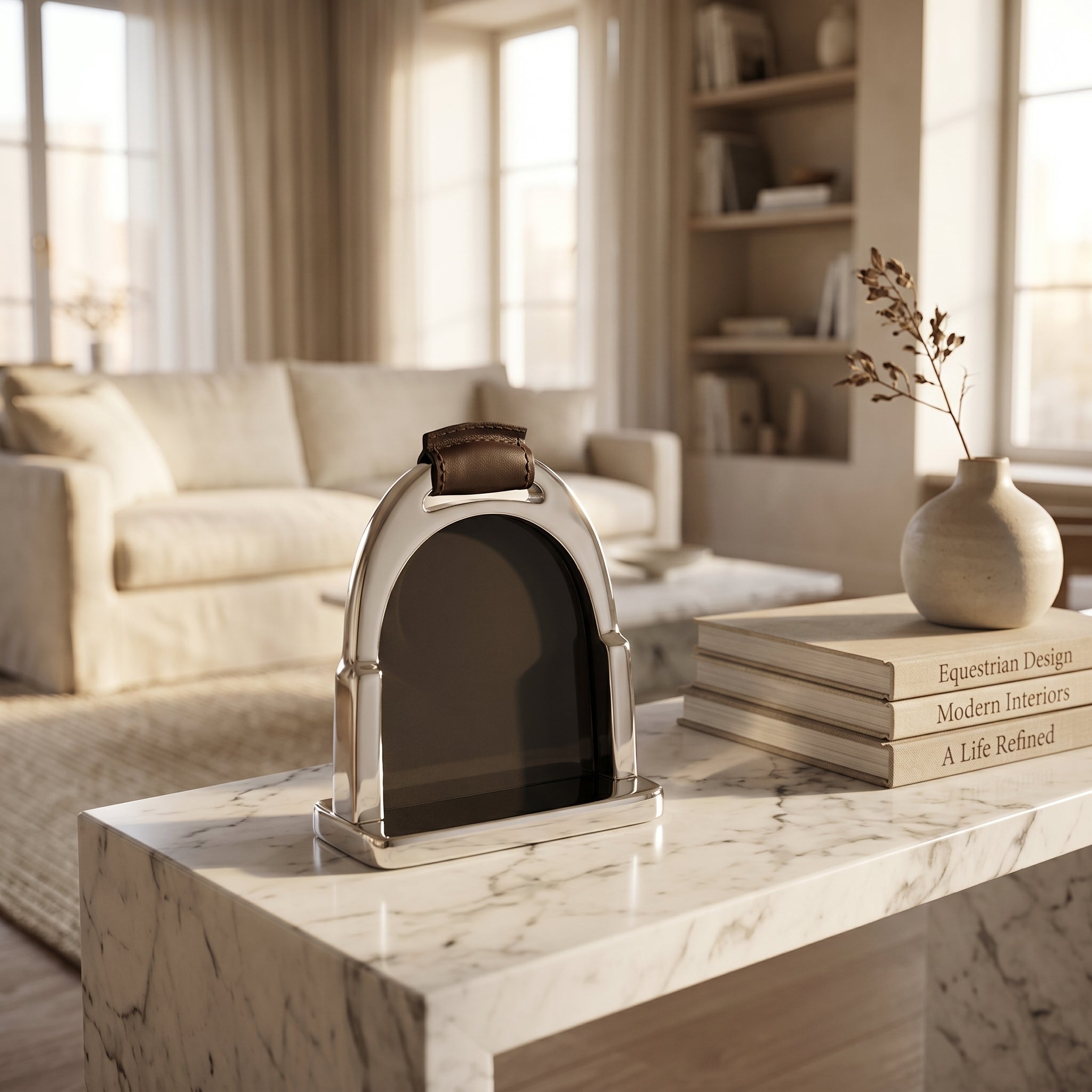 Decorative equestrian boot on a marble surface with books and a vase in a living room setting