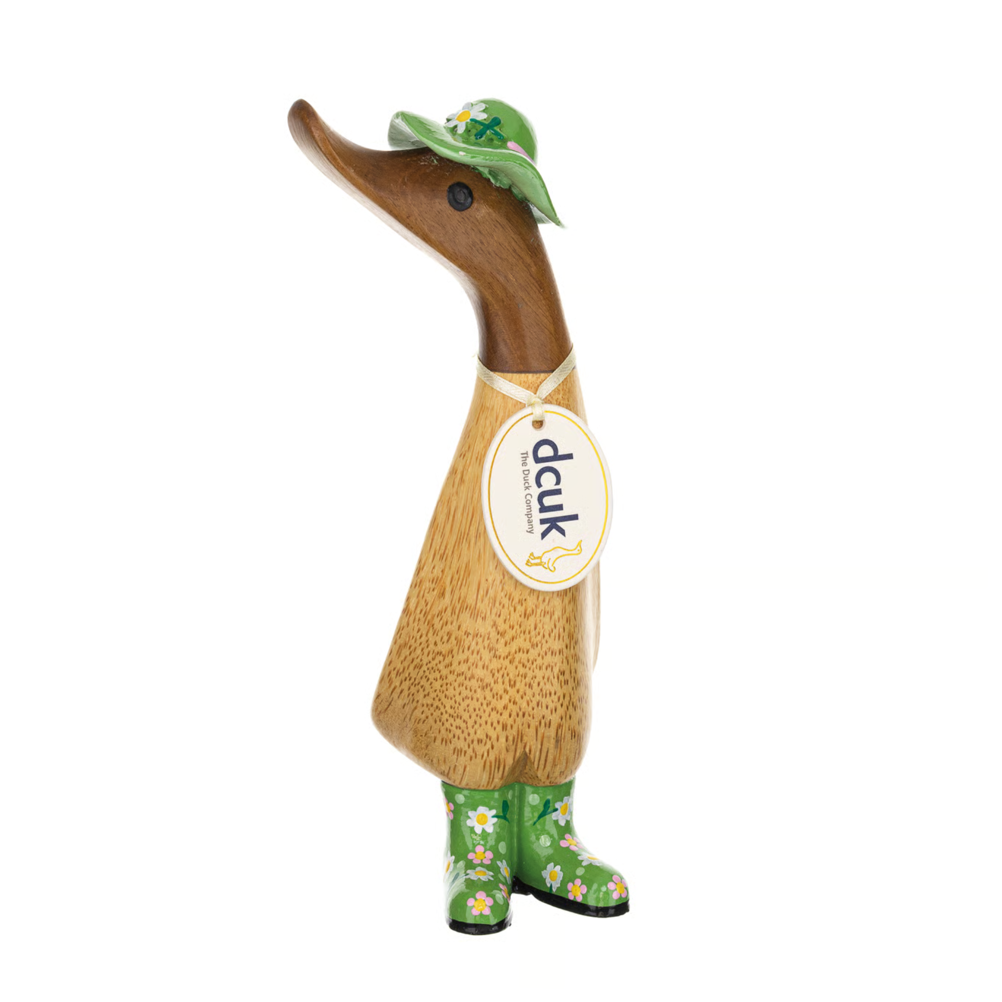 Decorative duck figurine with a green hat and boots on a white background