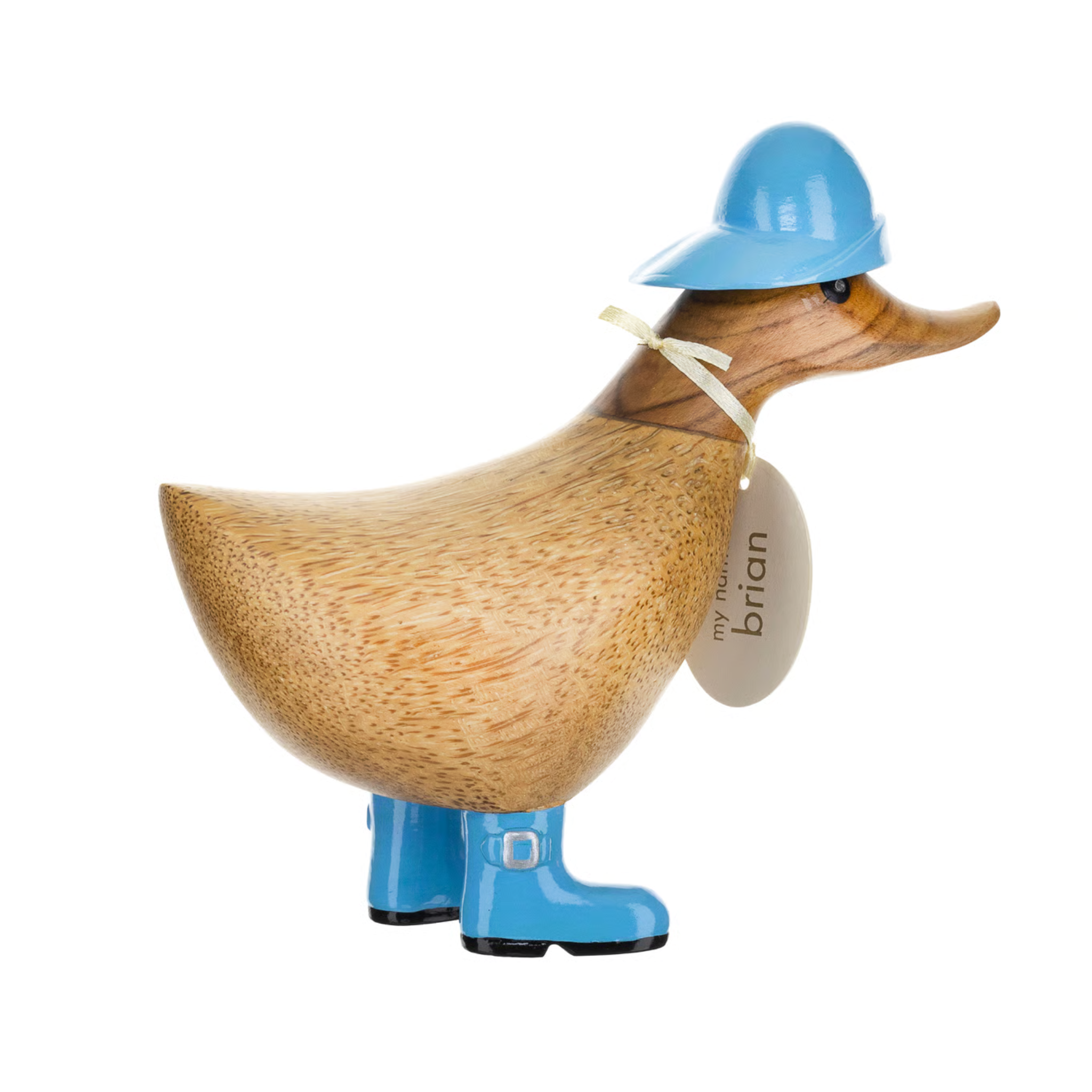 Wooden duck figurine with a blue hat and boots on a white background
