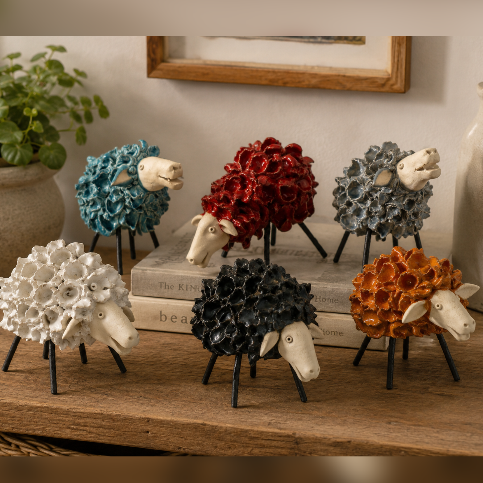 Colorful sheep figurines on a wooden surface with a blurred background