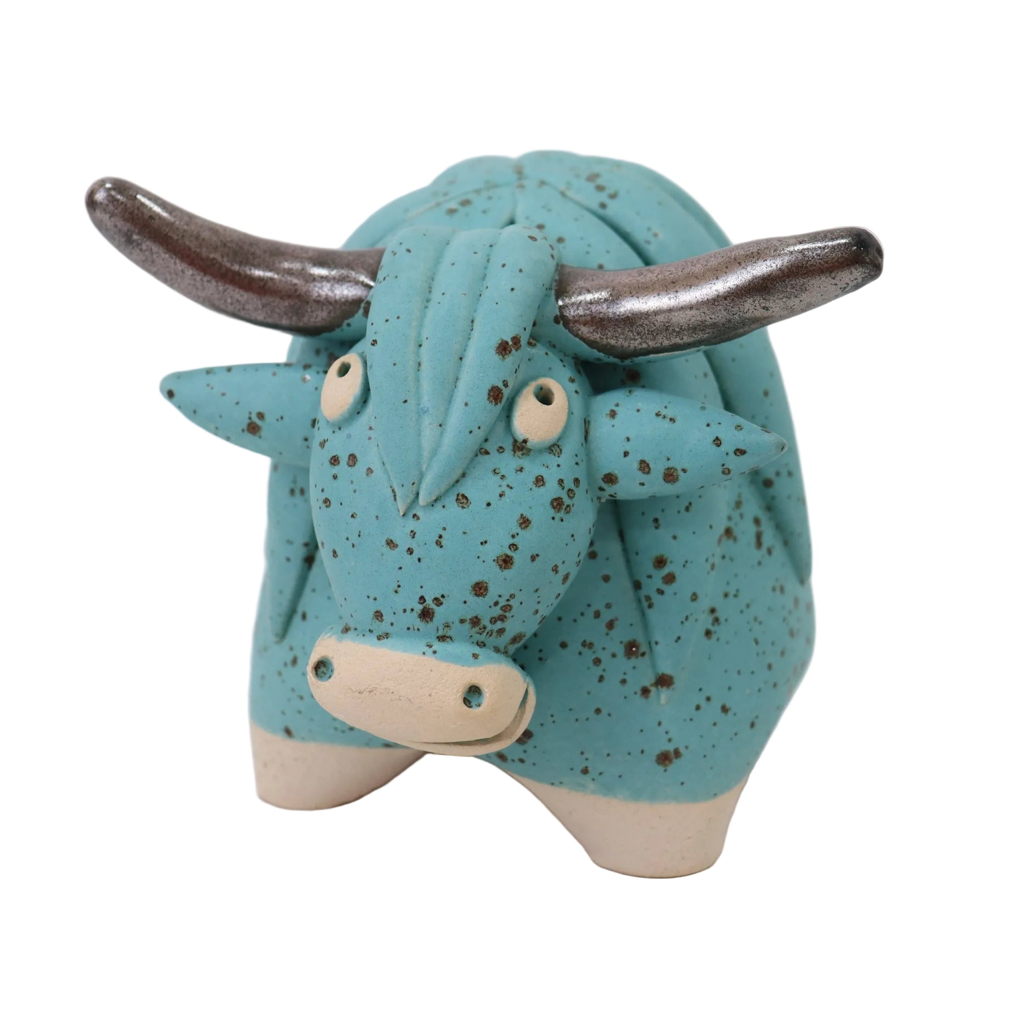 Teal ceramic bull figurine with brown speckles on a white background