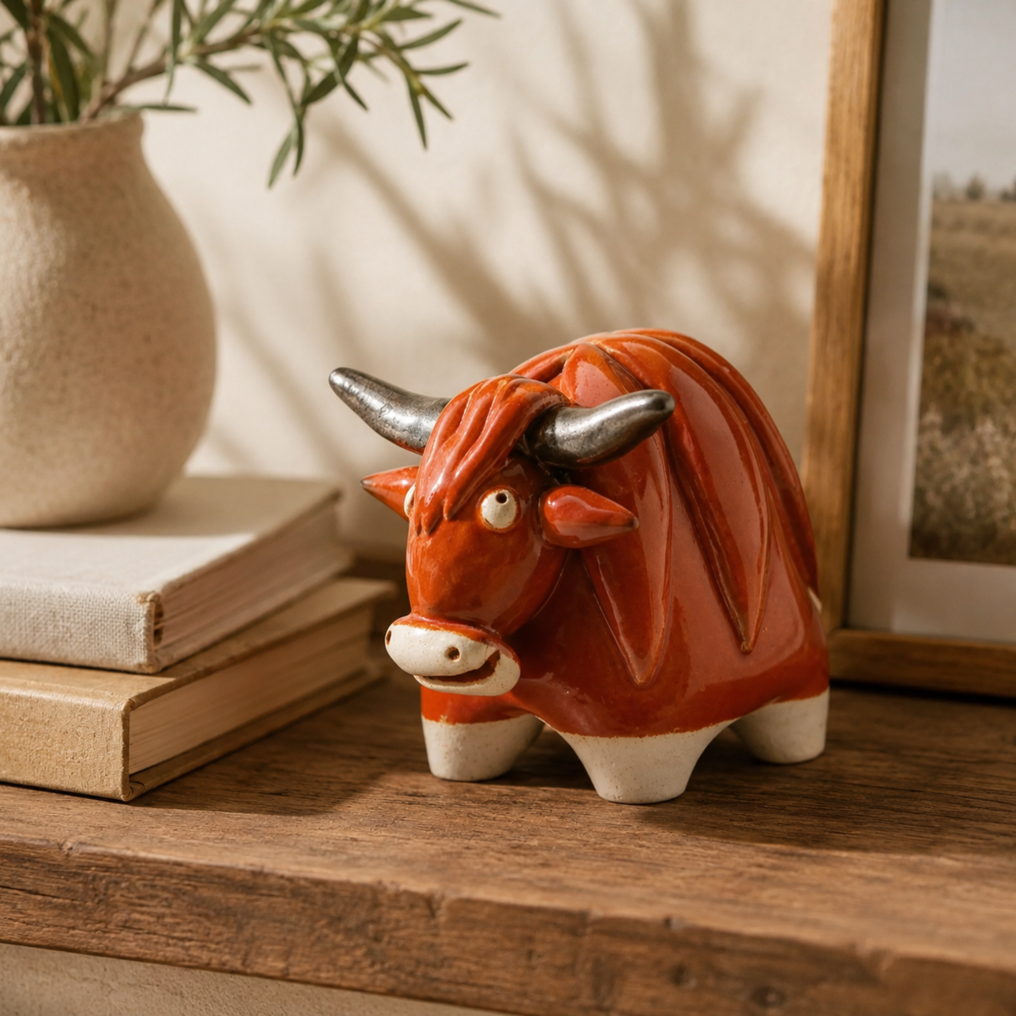 Ceramic bull figurine on a wooden surface with books and a plant in the background