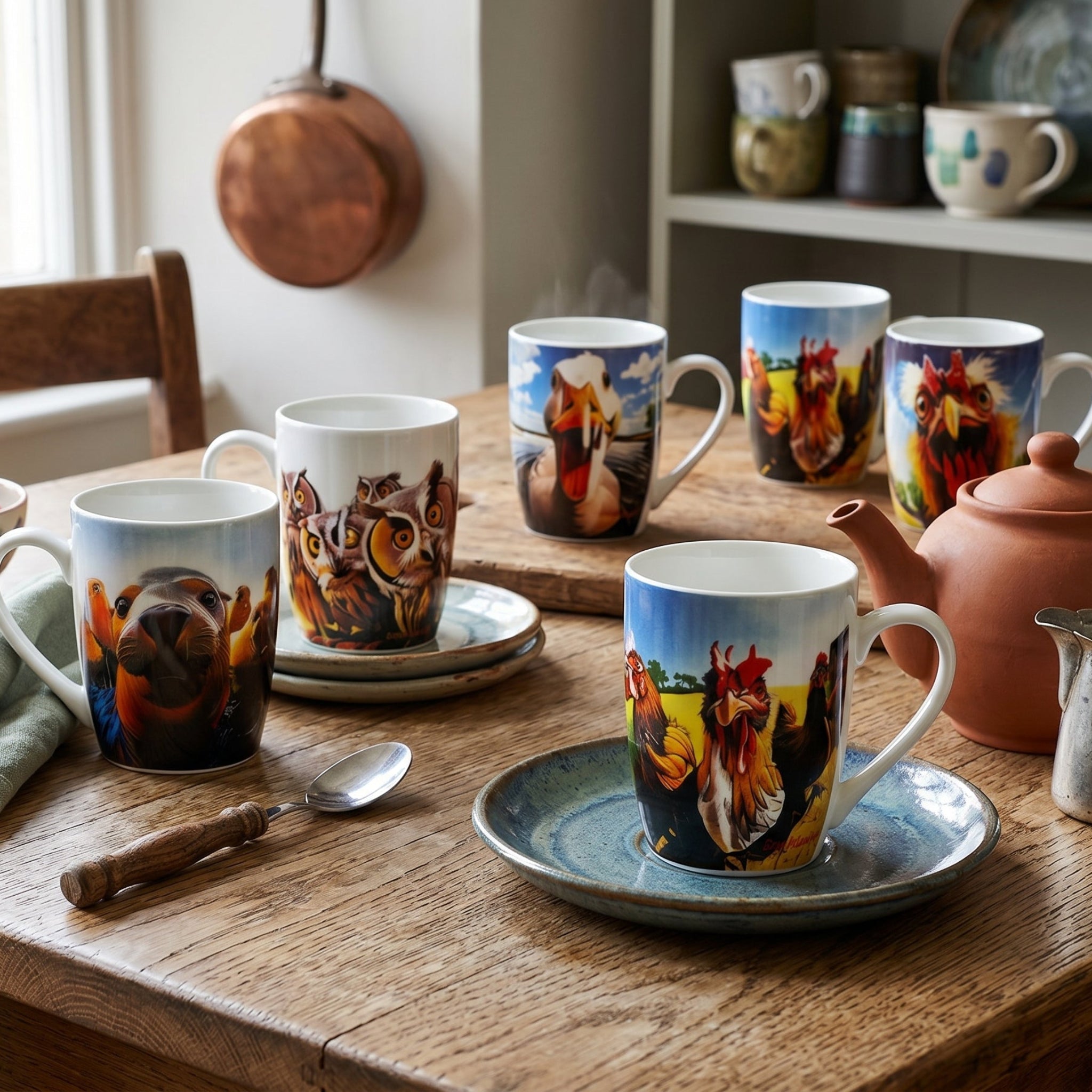 Set of mugs with animal designs on a wooden table.