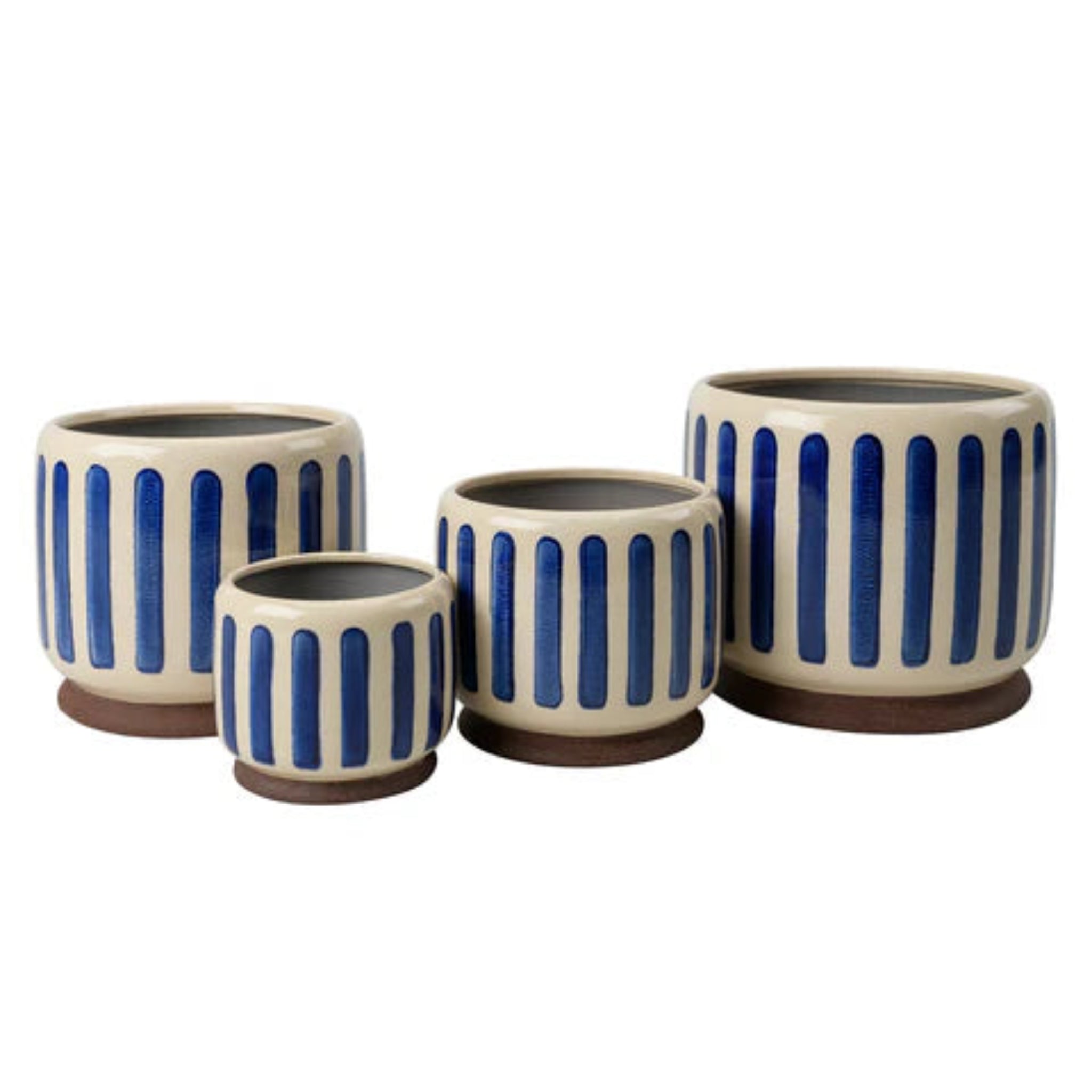 Set of four ceramic pots with blue vertical stripes on a white background
