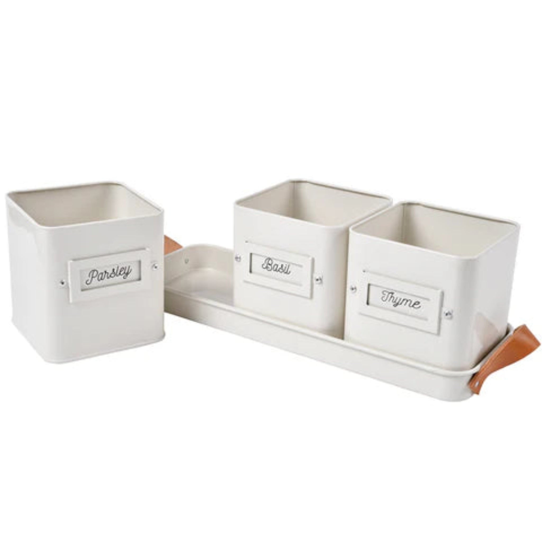 Set of white herb pots with labels on a white background