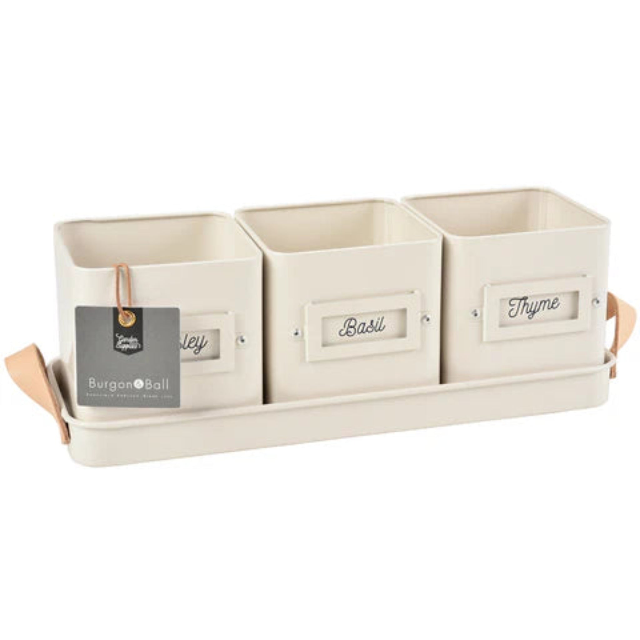 Beige herb storage container with three compartments labeled &