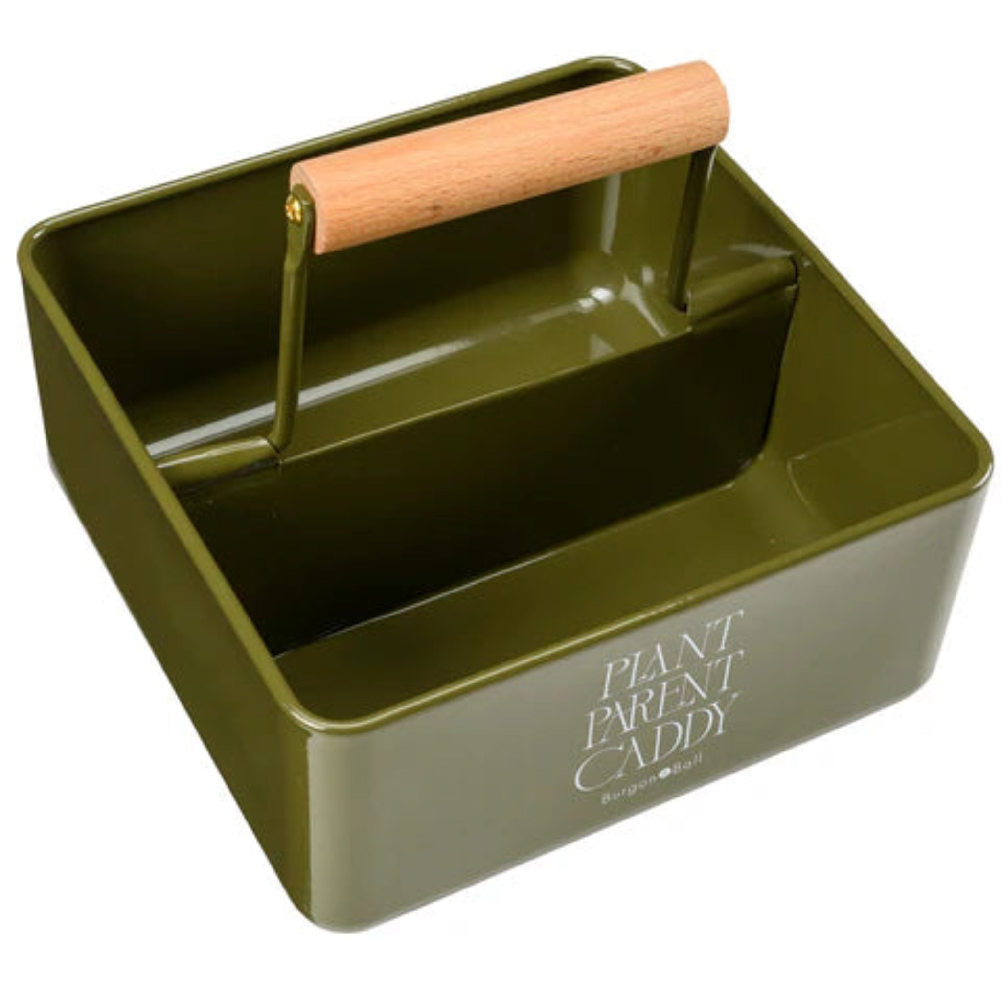 Green metal plant caddy with wooden handle on a white background
