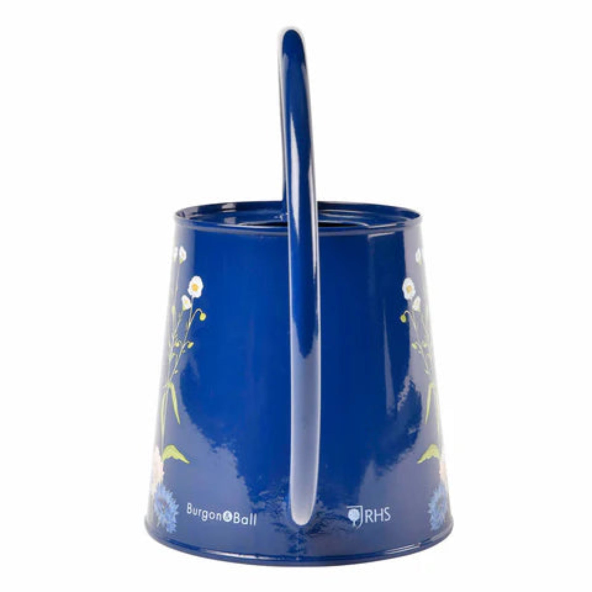 Blue plastic container with floral design and handle on a white background