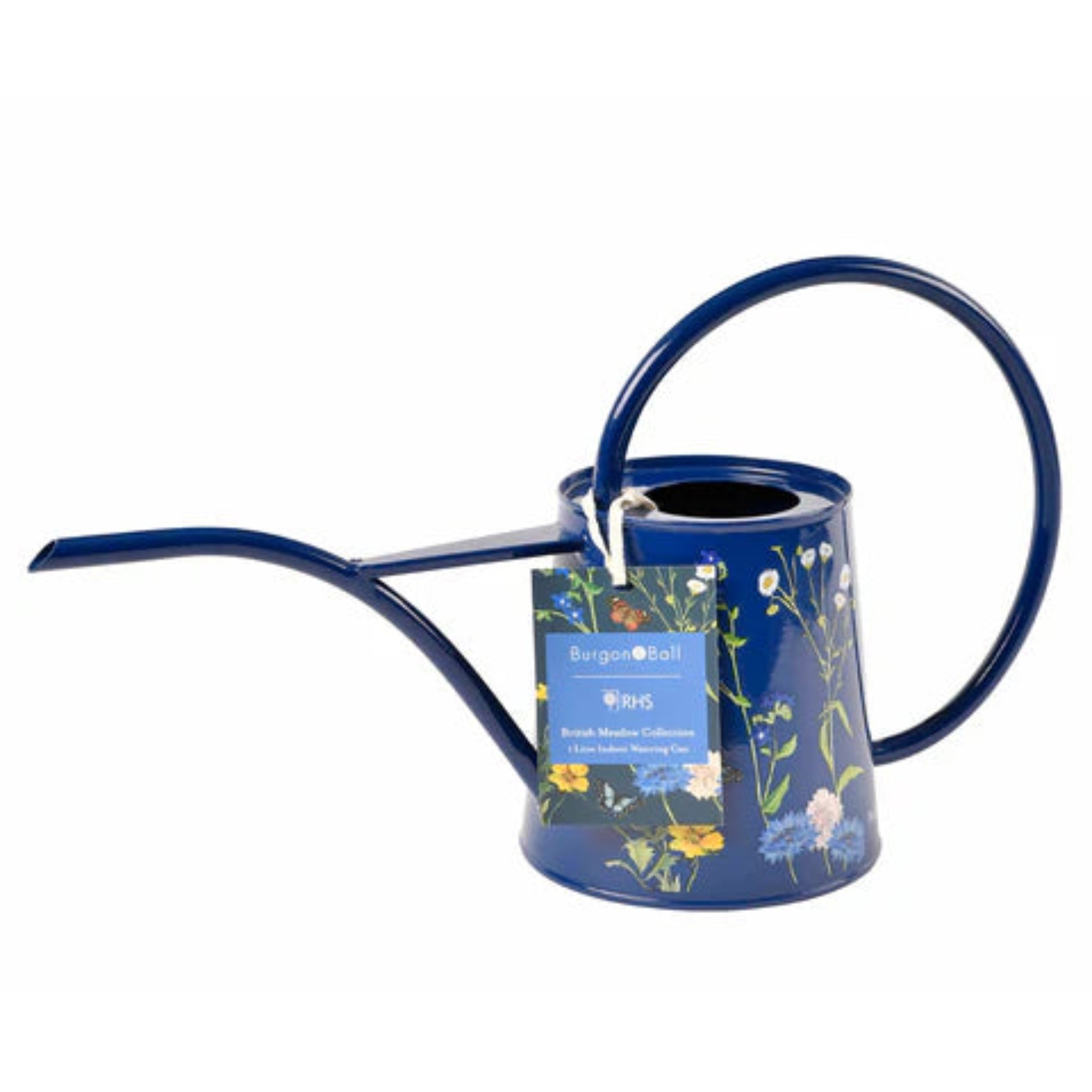 Blue watering can with floral design on a white background