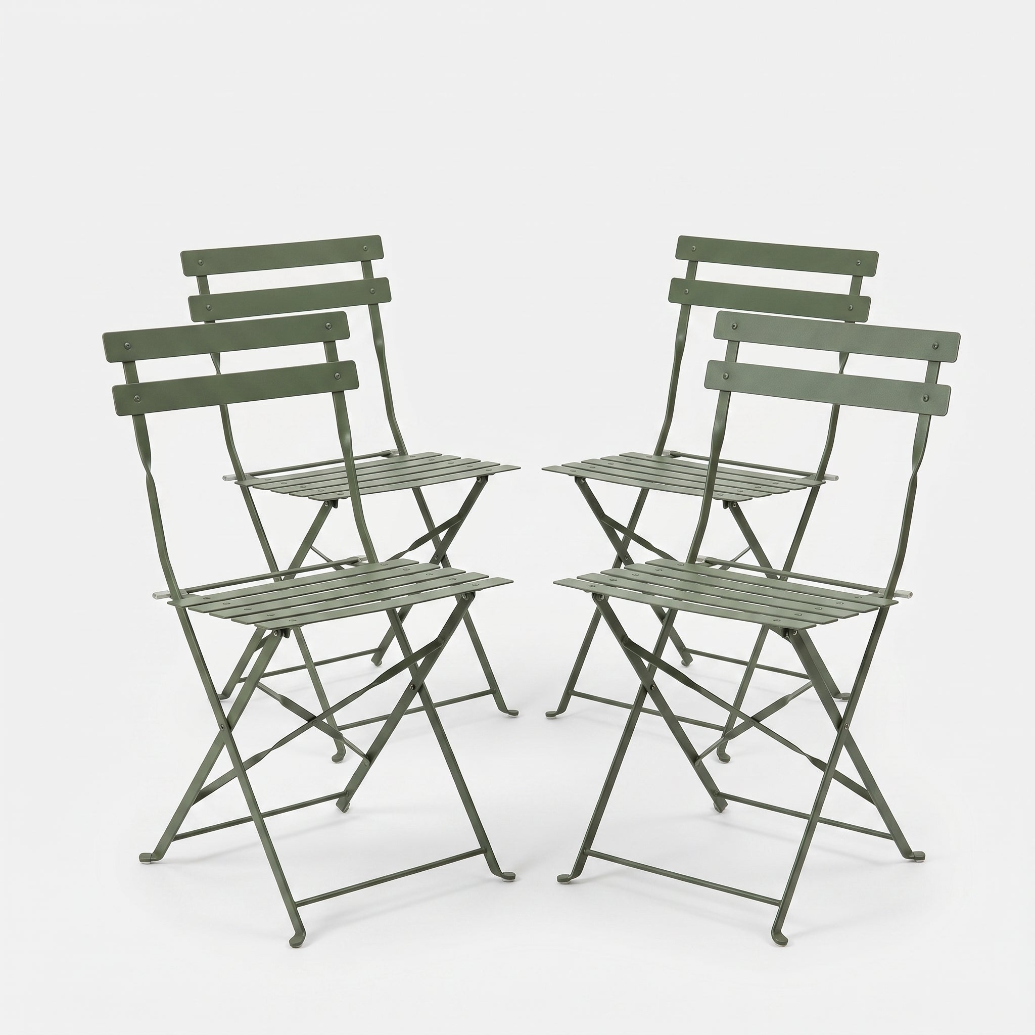 Set of four green folding chairs on a white background
