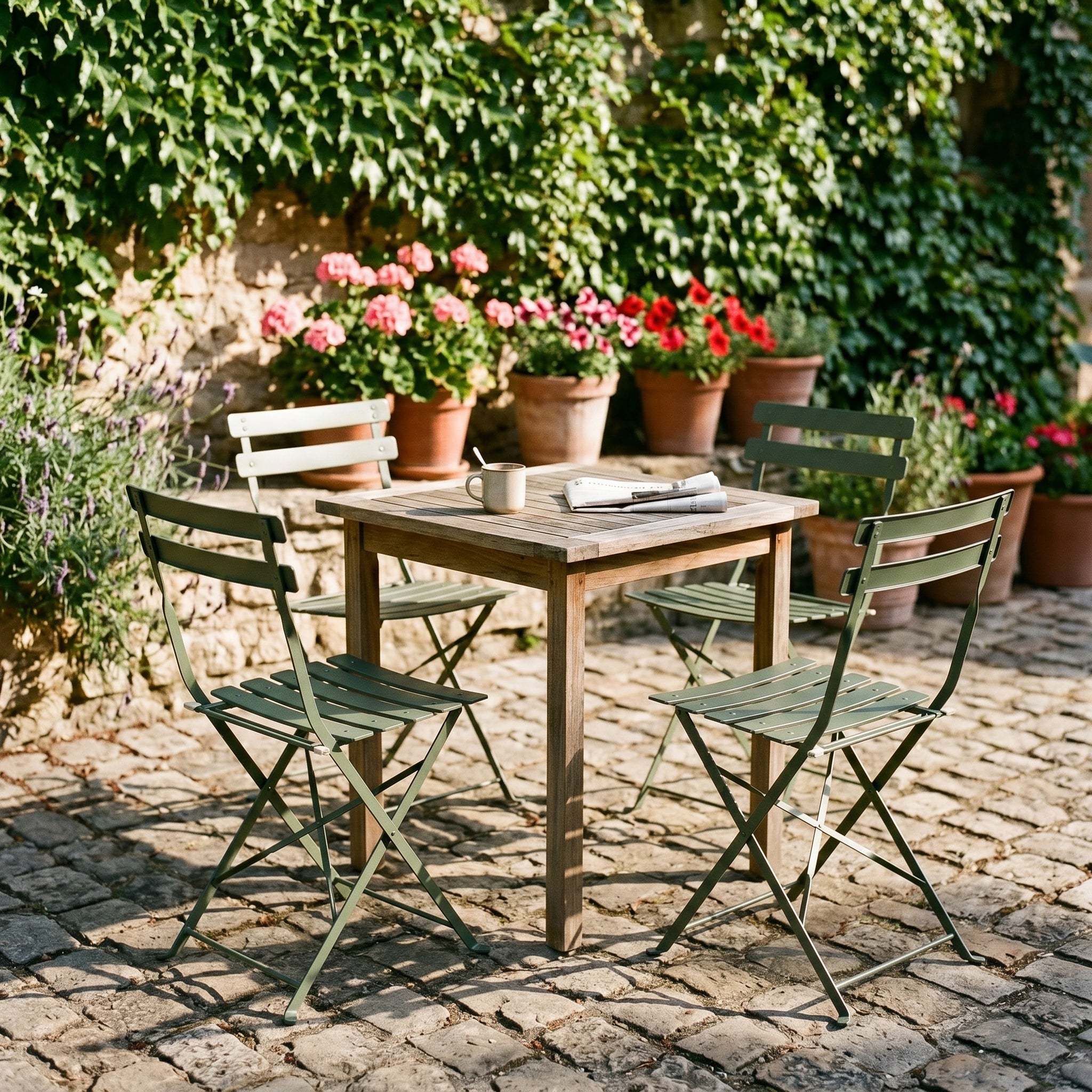 Outdoor setting with wooden table and green chairs surrounded by potted plants on a stone patio.