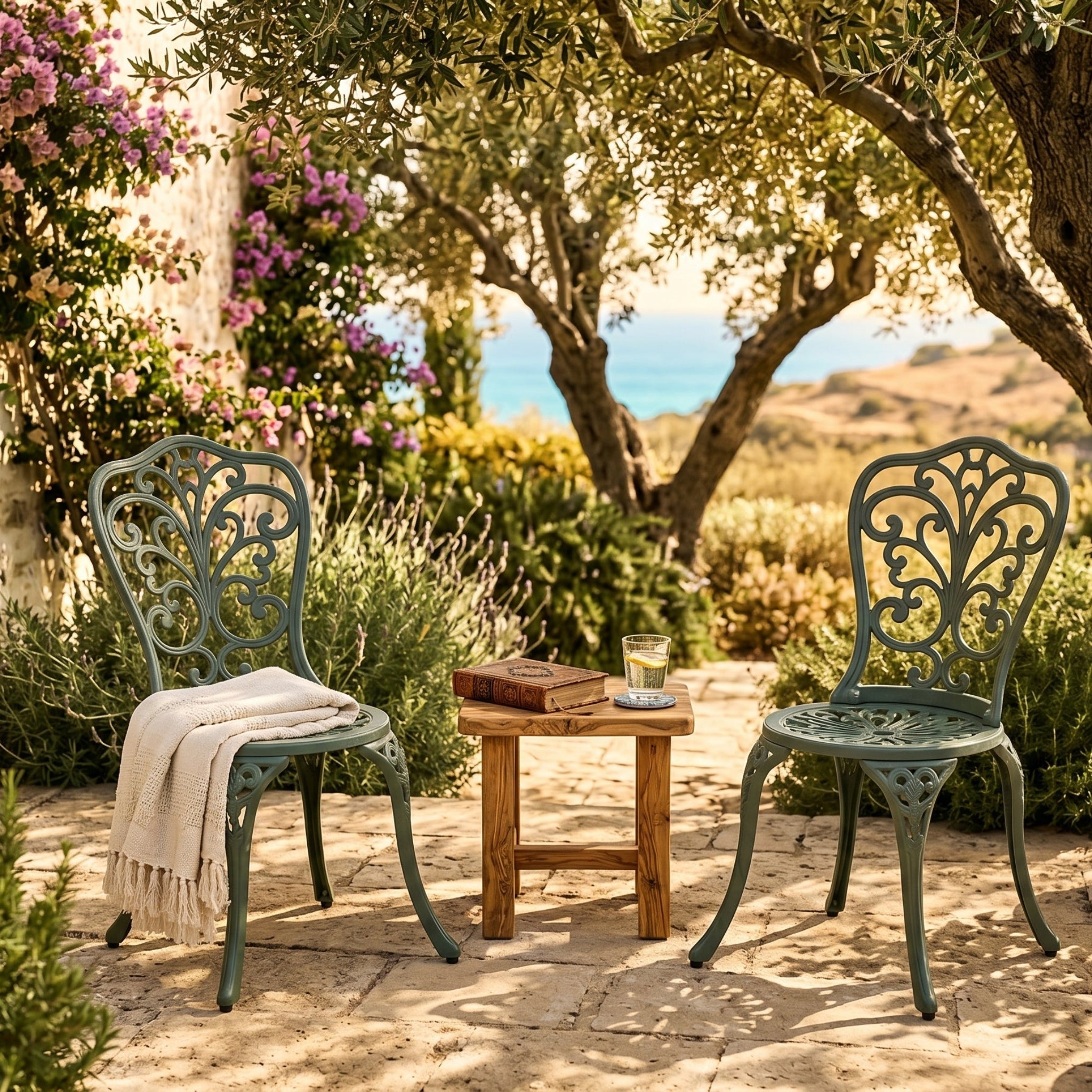 Two green metal chairs with a small wooden table in a garden setting with flowers and plants.