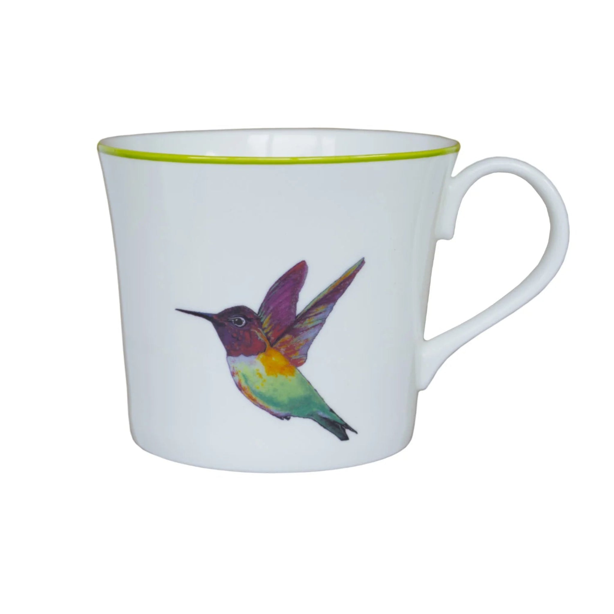 A white bone china mug with a colorful hand-painted bird design on the side, featuring a yellow rim.