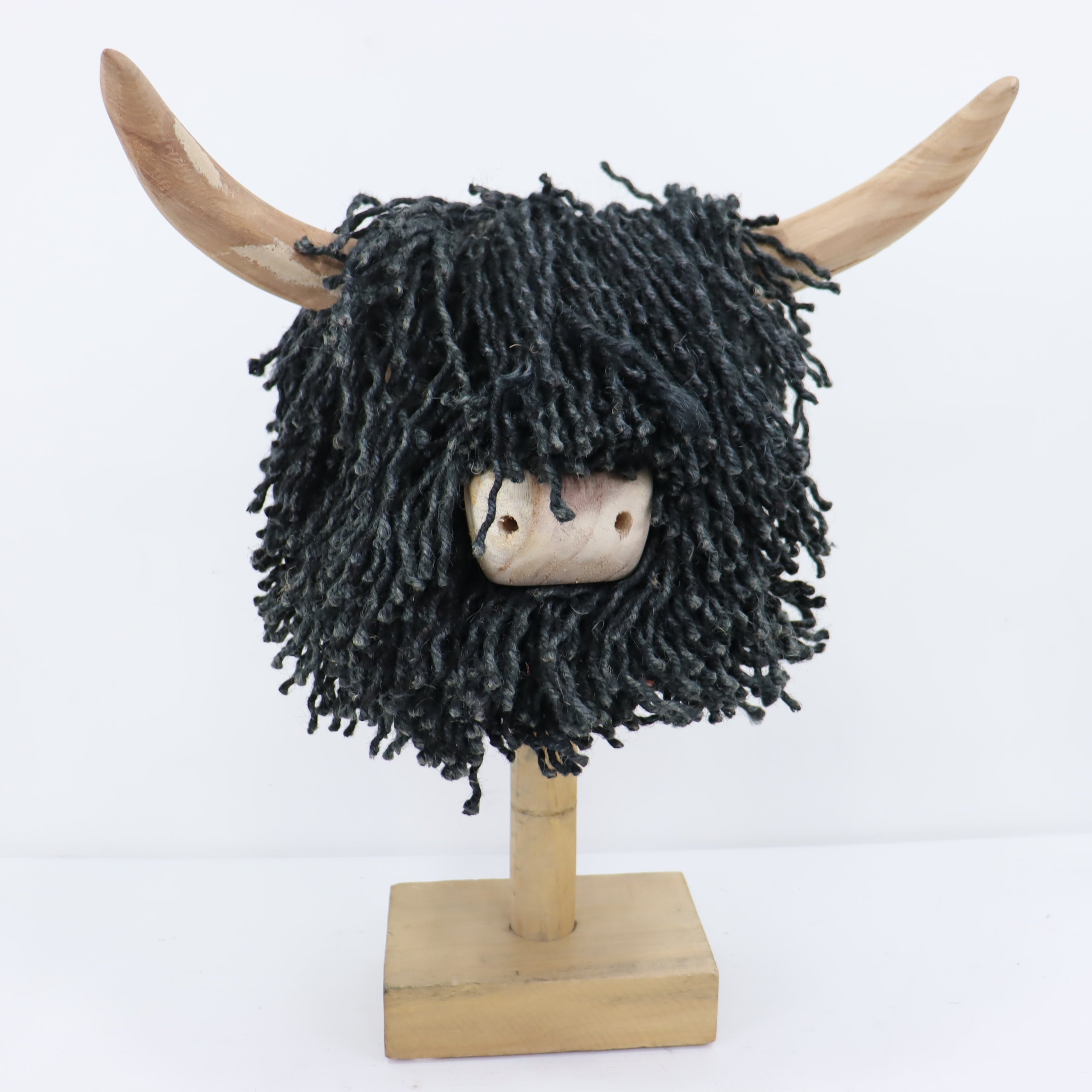 Decorative head of a highland cow with black shaggy hair and large horns on a white background