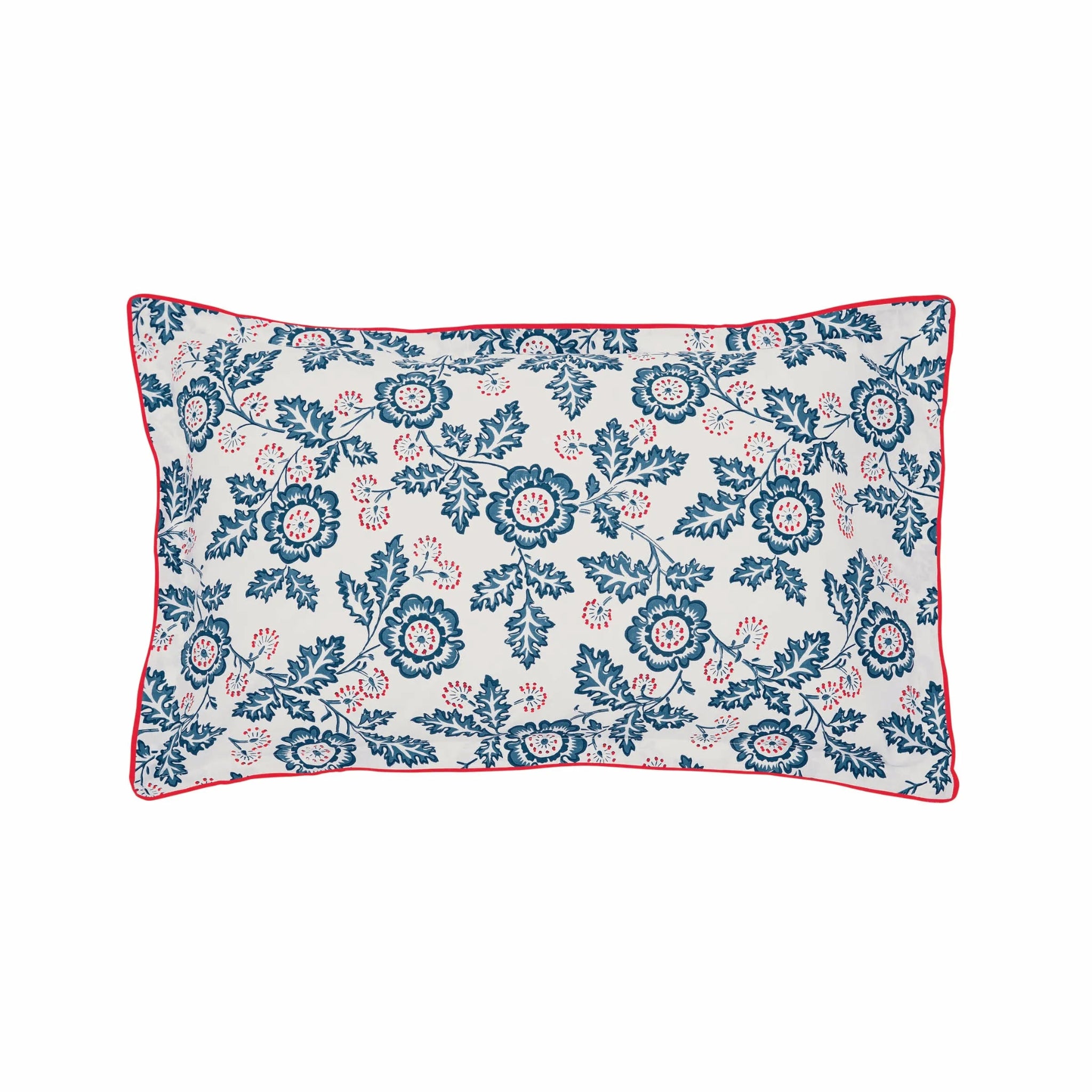 Floral patterned pillow with blue and pink flowers on a white background