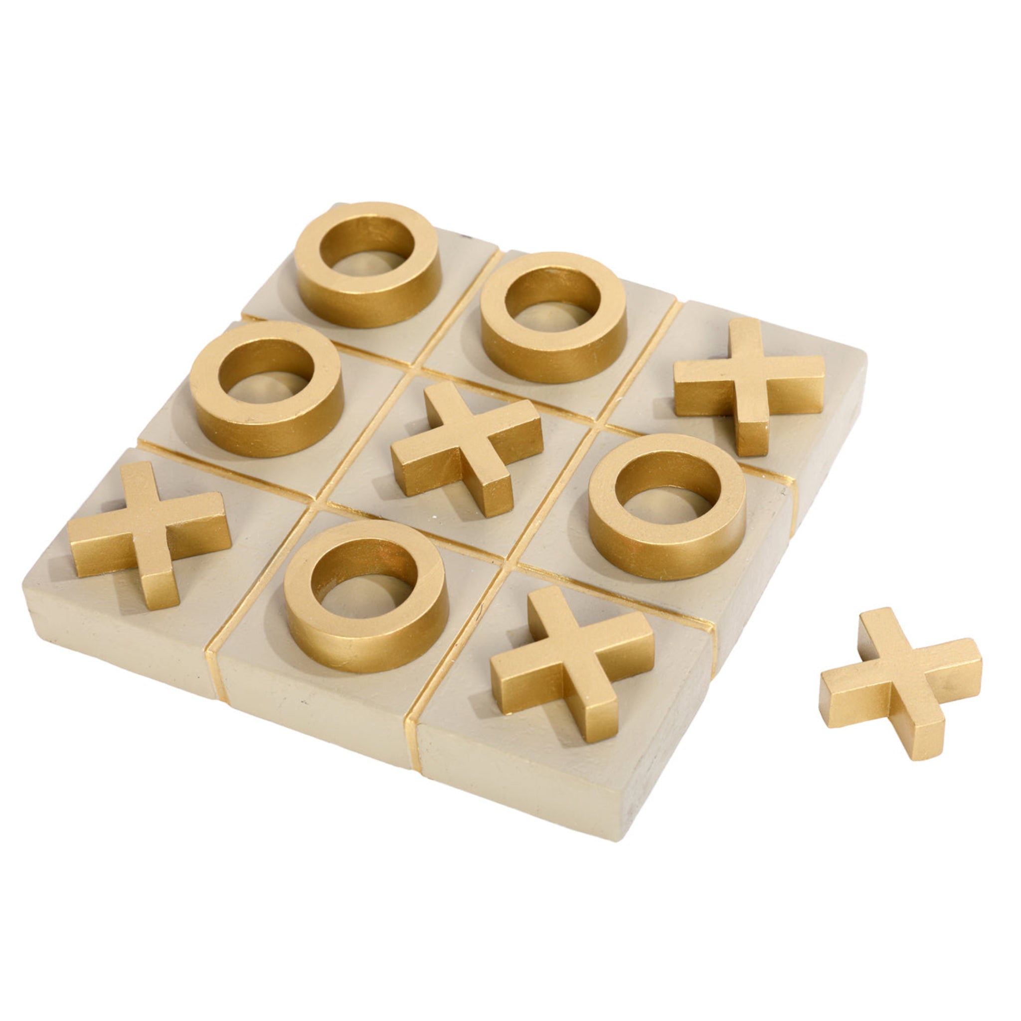 Wooden tic-tac-toe game set with pieces on a white background