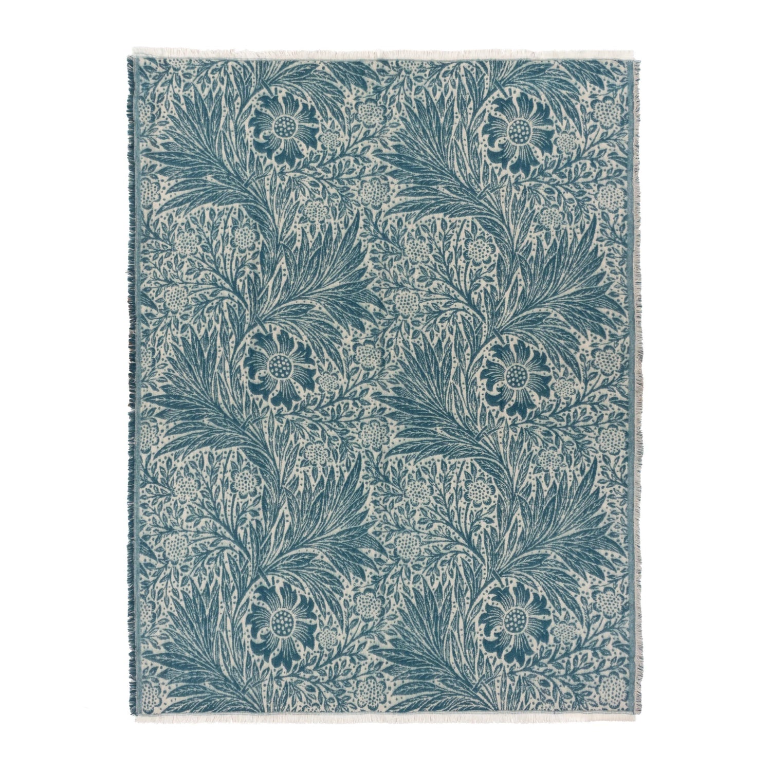 Floral patterned rug with blue and beige colors on a white background