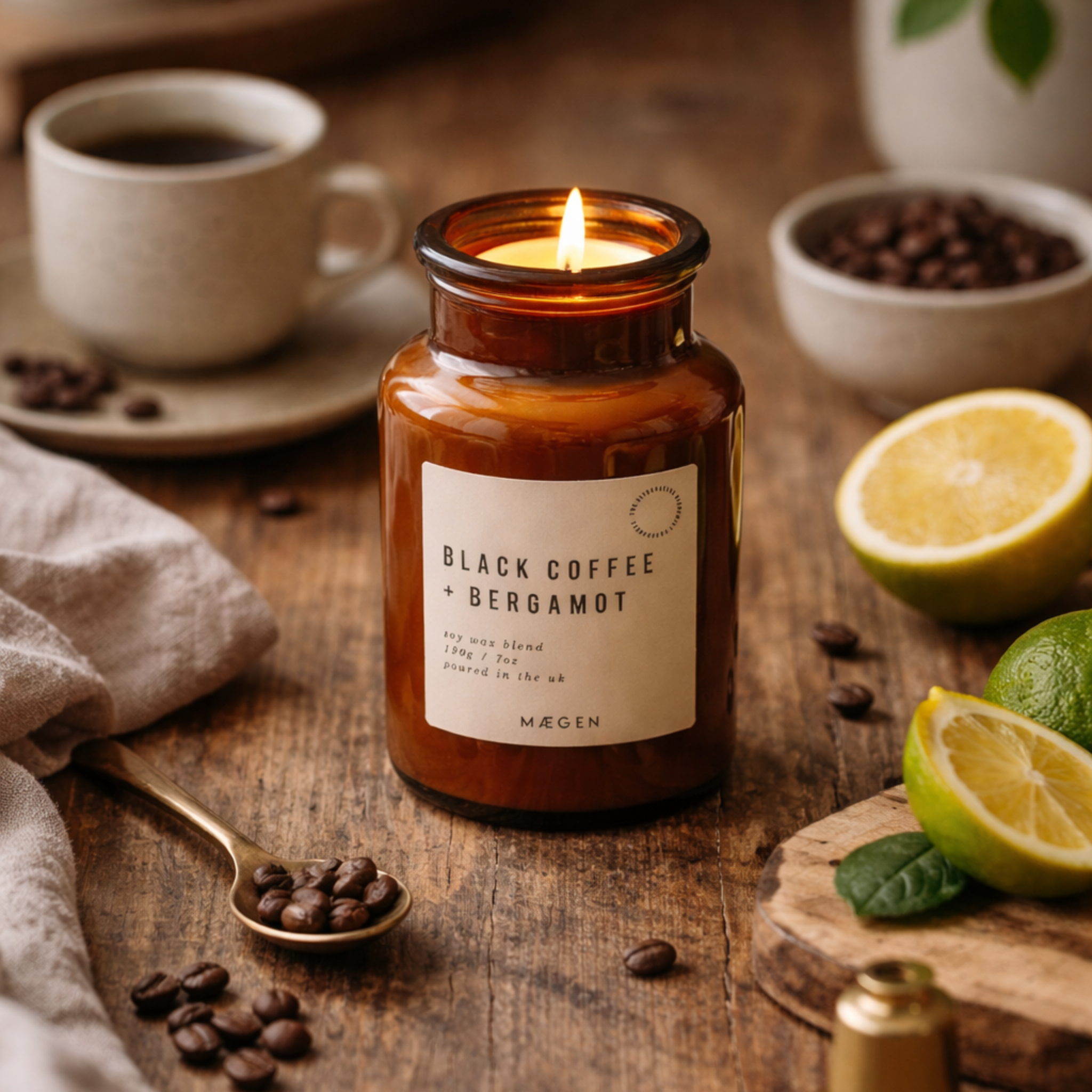 Candle in a glass jar labeled &