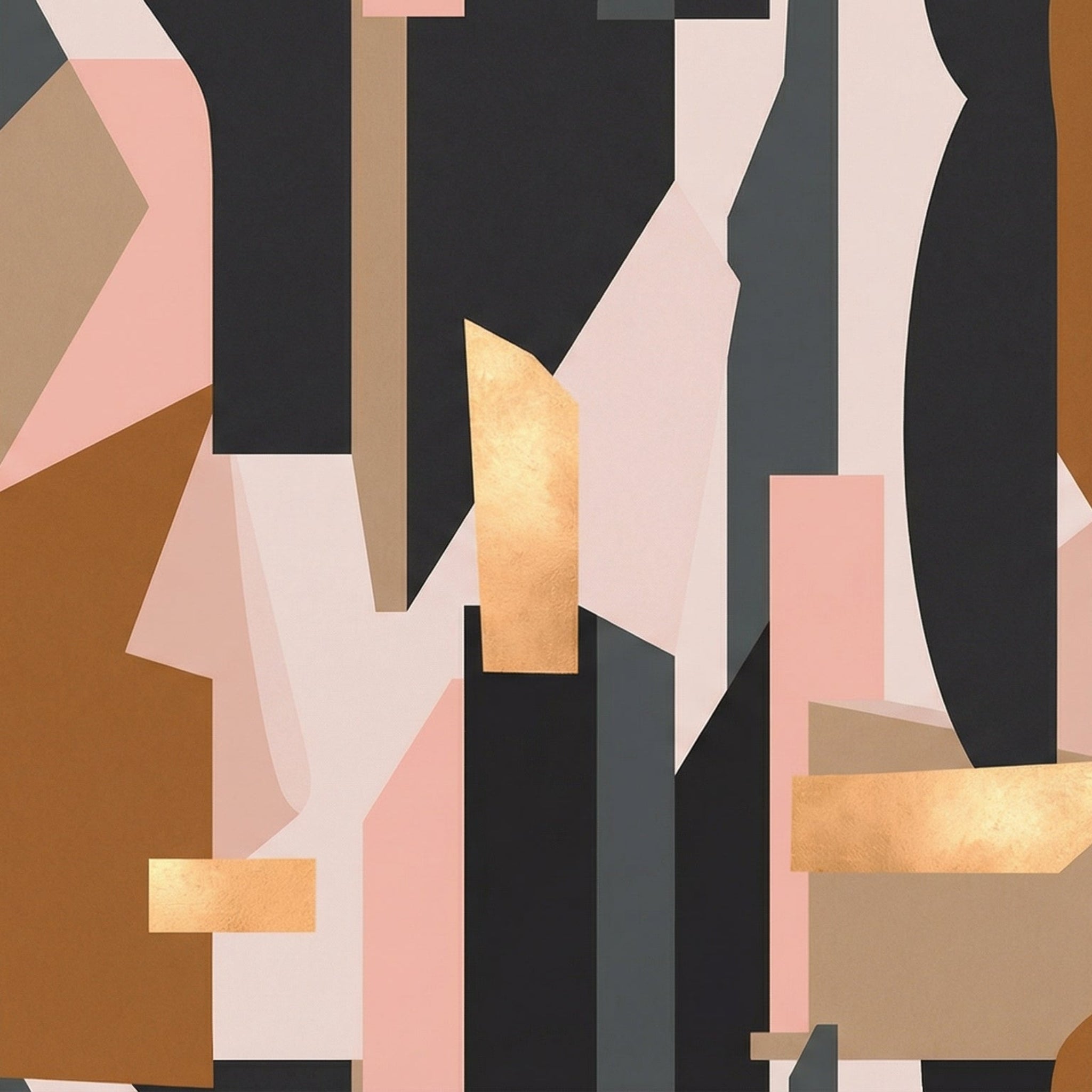 Abstract pattern with geometric shapes in black, gold, pink, and brown on a dark background
