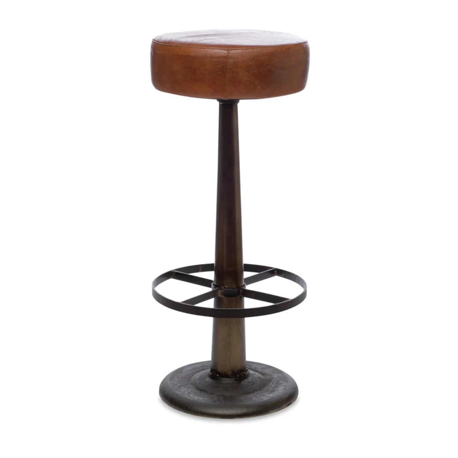 Brown leather bar stool with metal base on a white background